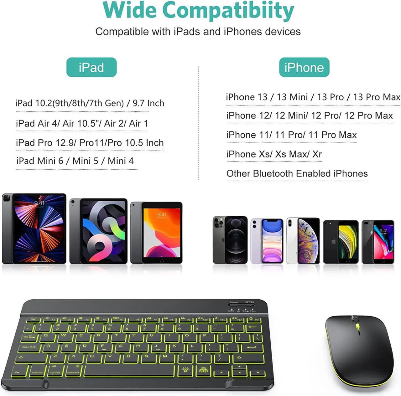Alt view image 3 of 7 - TECURS Bluetooth Keyboard and Mouse Combo for iPad - Rechargeable Wireless Keyboard & Mouse with 7-Color Backlit Compatible with iPad 10th/9th/8th Gen, iPad Pro/Air/Mini, iPhone15/14/13 Pro, Black