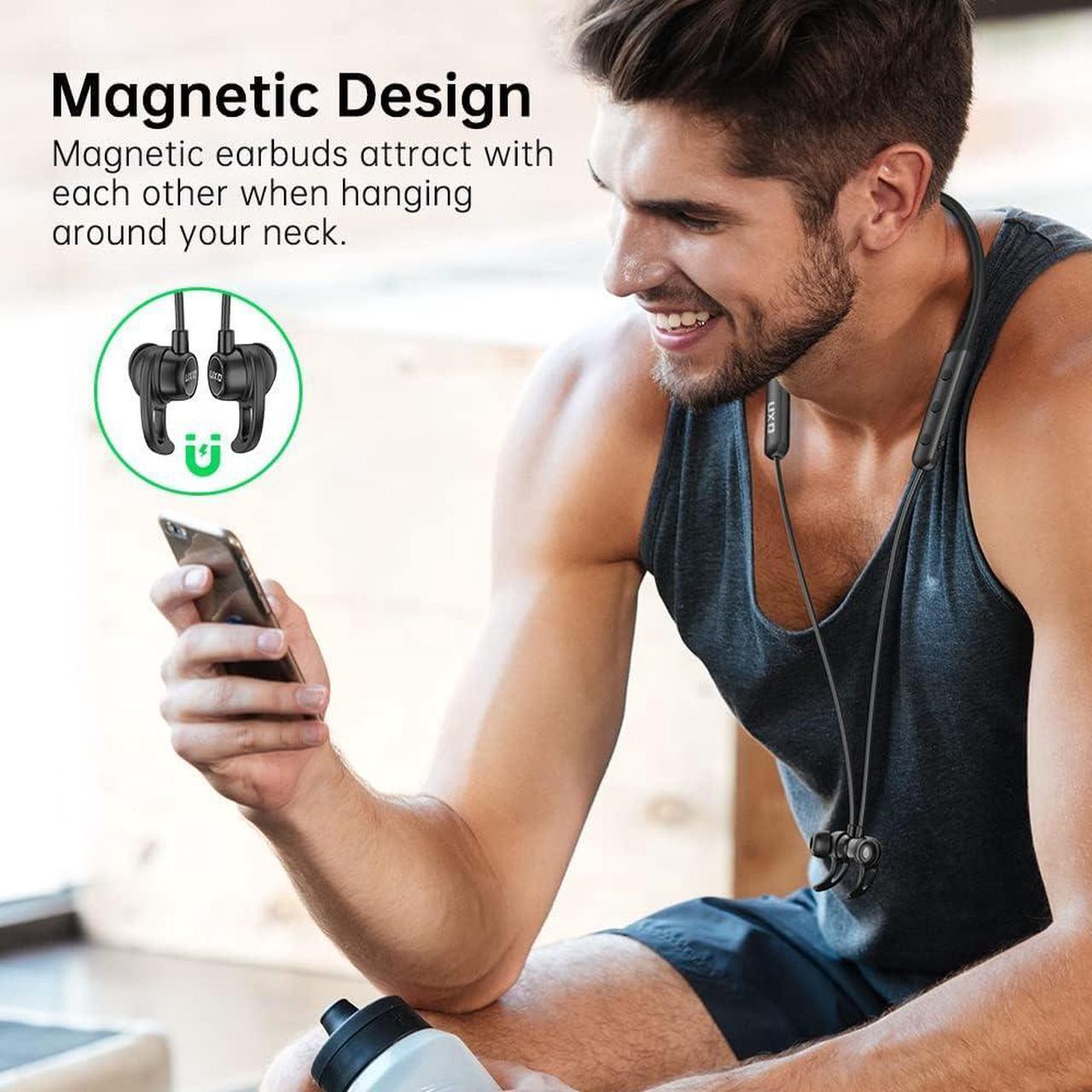 Alt view image 3 of 7 - UXD Bluetooth Headphones, Wireless Headphones with Magnetic Earbuds and Microphone, IPX6 Sweatproof Bluetooth Headset, 20 Hours Playtime Earphones for Gym Running Outdoor Sports Workout