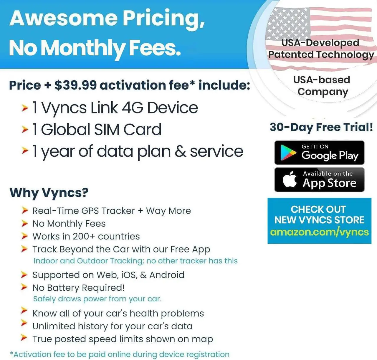 Alt view image 3 of 7 - Vyncs - GPS Tracker for Vehicles, [No Monthly Fee], 4G LTE, Vehicle Location, Trip History, Driving Alerts, GeoFence, Fuel Economy, OBD Fault Codes, USA-Developed, Family or Fleets