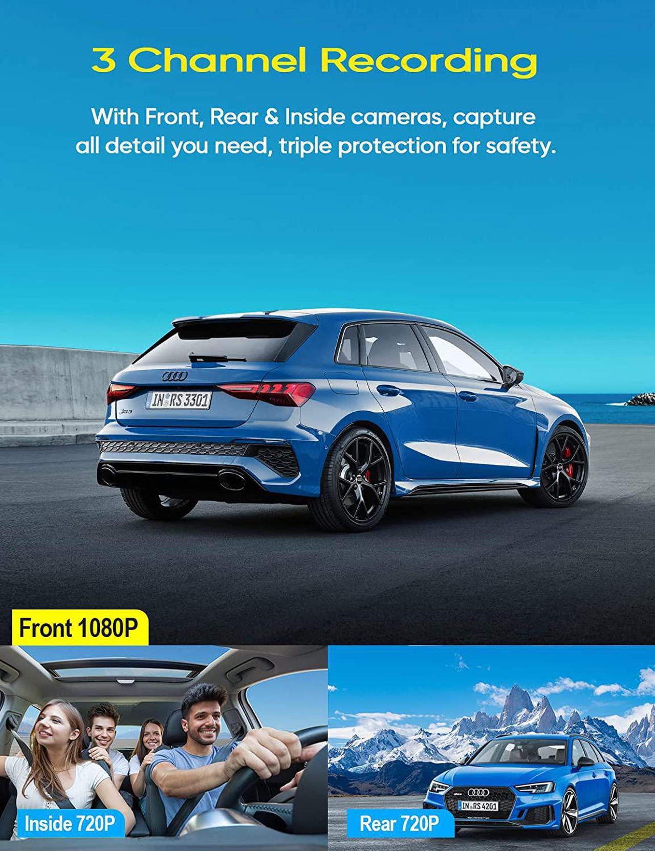Alt view image 2 of 7 - 3 Channel Dash Cam Front and Rear Inside, 1080P Dash Camera for Cars, Dashcam Three Way Triple Car Camera with IR Night Vision, Loop Recording, G-Sensor, Parking Monitor, 24 Hours Recording