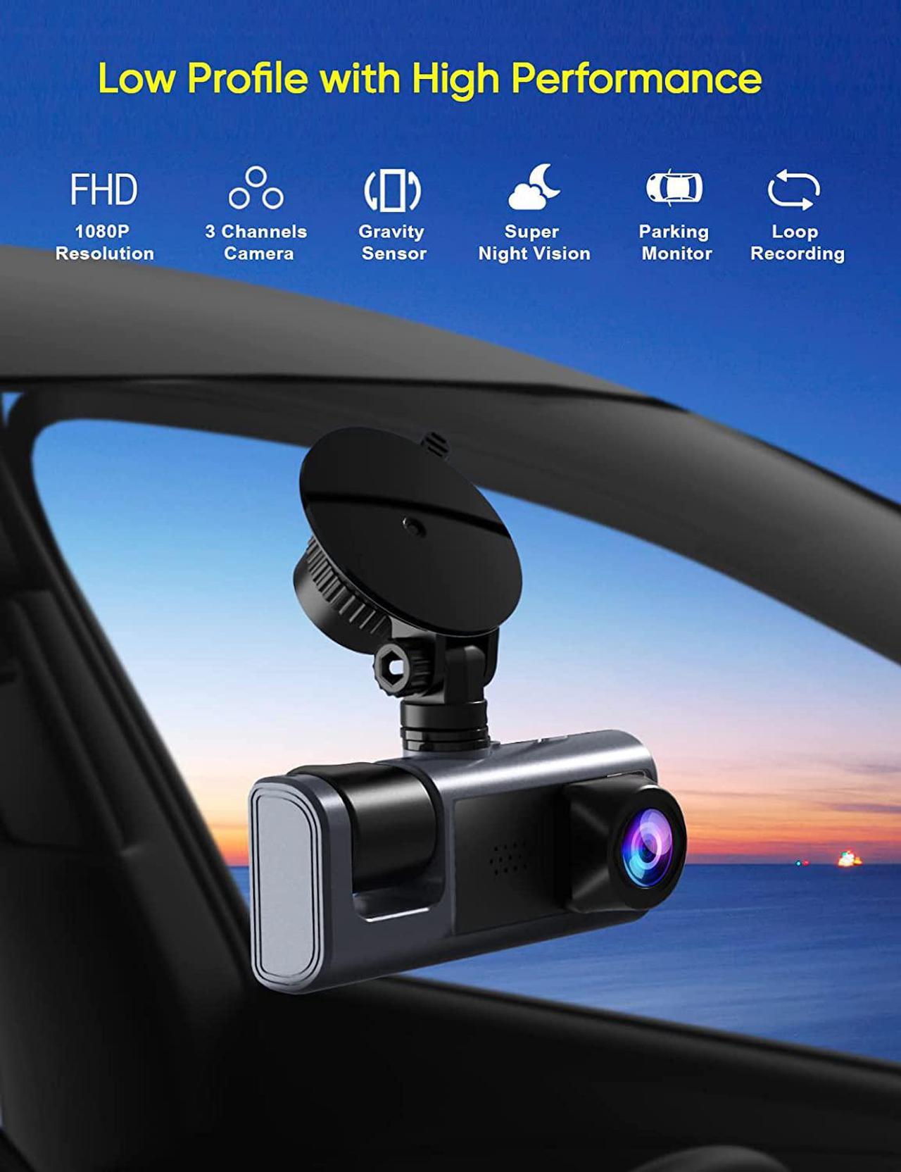 Alt view image 3 of 7 - 3 Channel Dash Cam Front and Rear Inside, 1080P Dash Camera for Cars, Dashcam Three Way Triple Car Camera with IR Night Vision, Loop Recording, G-Sensor, Parking Monitor, 24 Hours Recording
