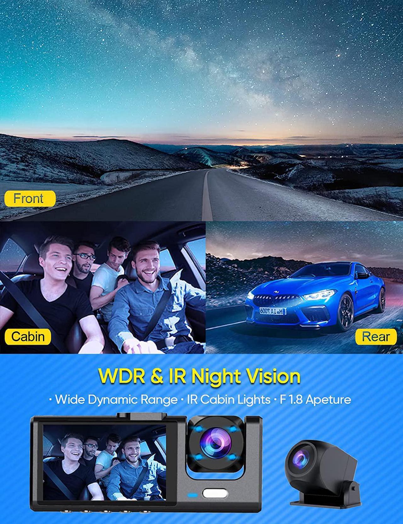 Alt view image 5 of 7 - 3 Channel Dash Cam Front and Rear Inside, 1080P Dash Camera for Cars, Dashcam Three Way Triple Car Camera with IR Night Vision, Loop Recording, G-Sensor, Parking Monitor, 24 Hours Recording