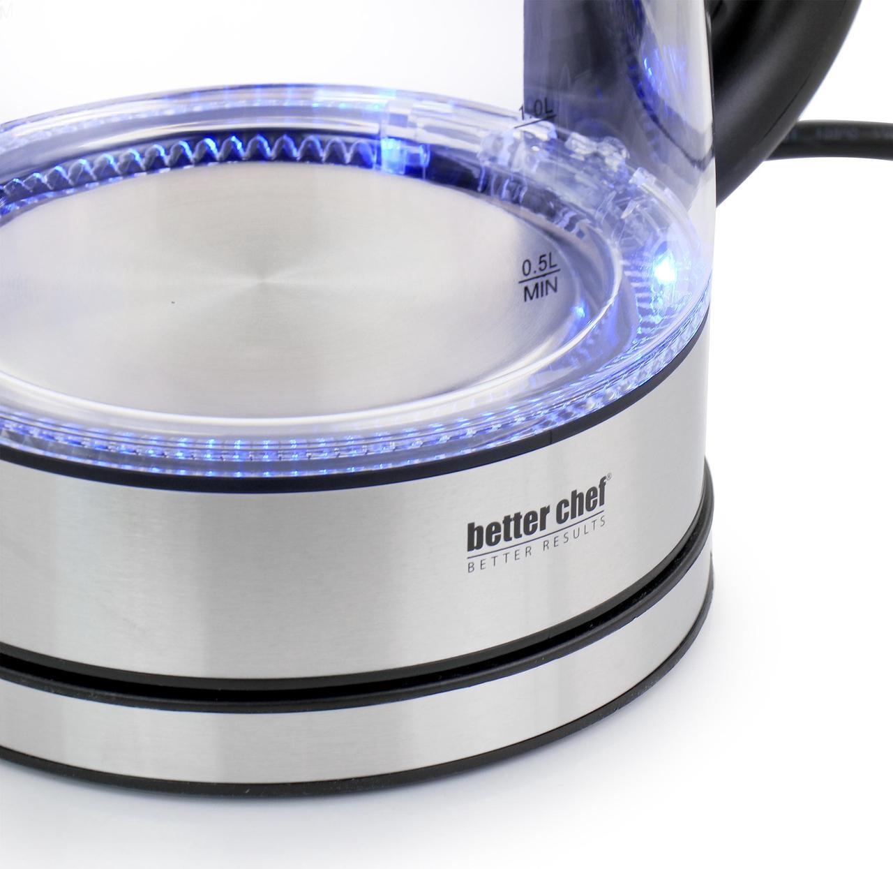 Alt view image 5 of 7 - Better chef cordless Electric glass Kettle  7-cup Borosilicate glass  Stainless Steel  LED Light  360-deg Swivel Base  Auto Boil-Dry Shut-Off