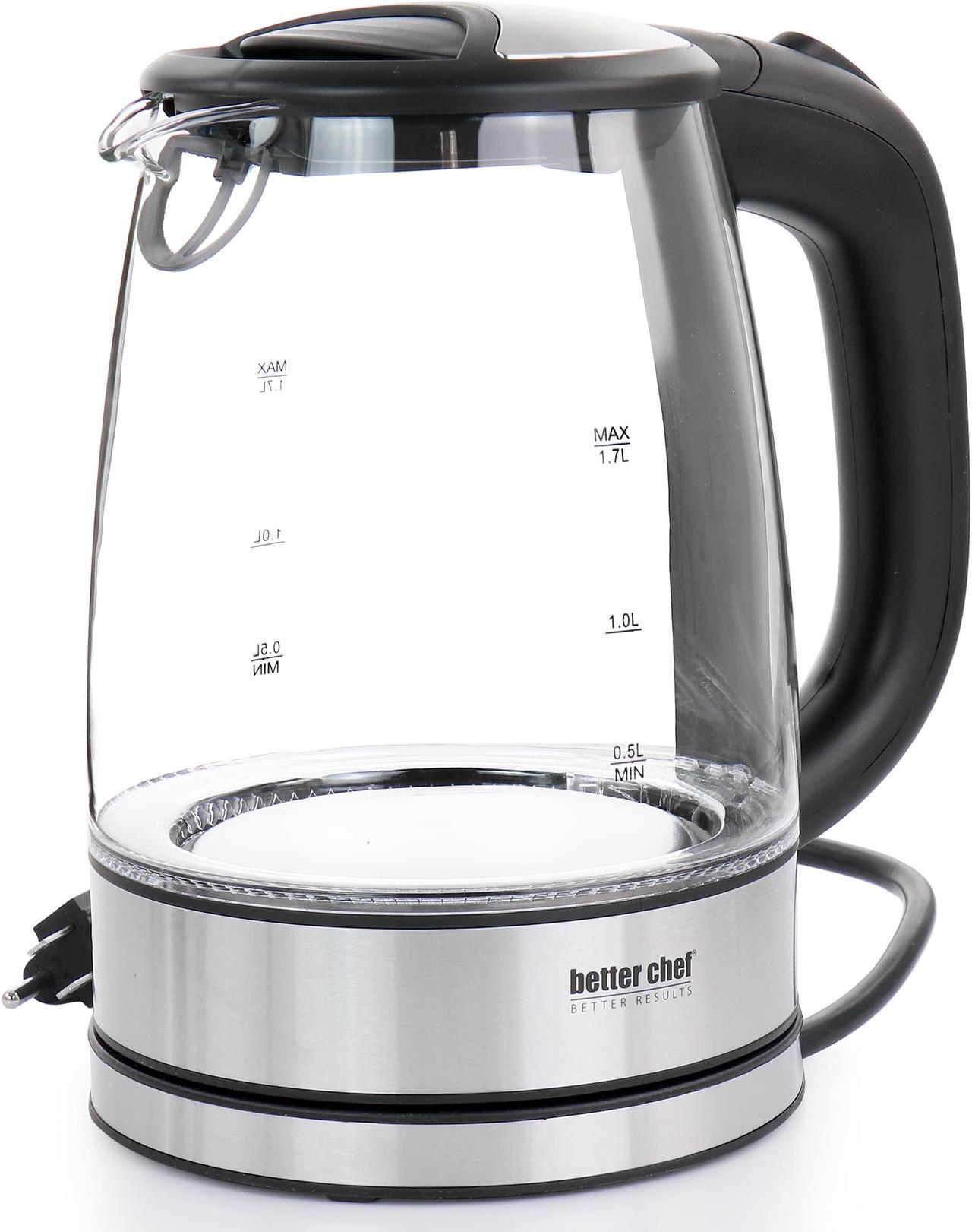 Alt view image 7 of 7 - Better chef cordless Electric glass Kettle  7-cup Borosilicate glass  Stainless Steel  LED Light  360-deg Swivel Base  Auto Boil-Dry Shut-Off
