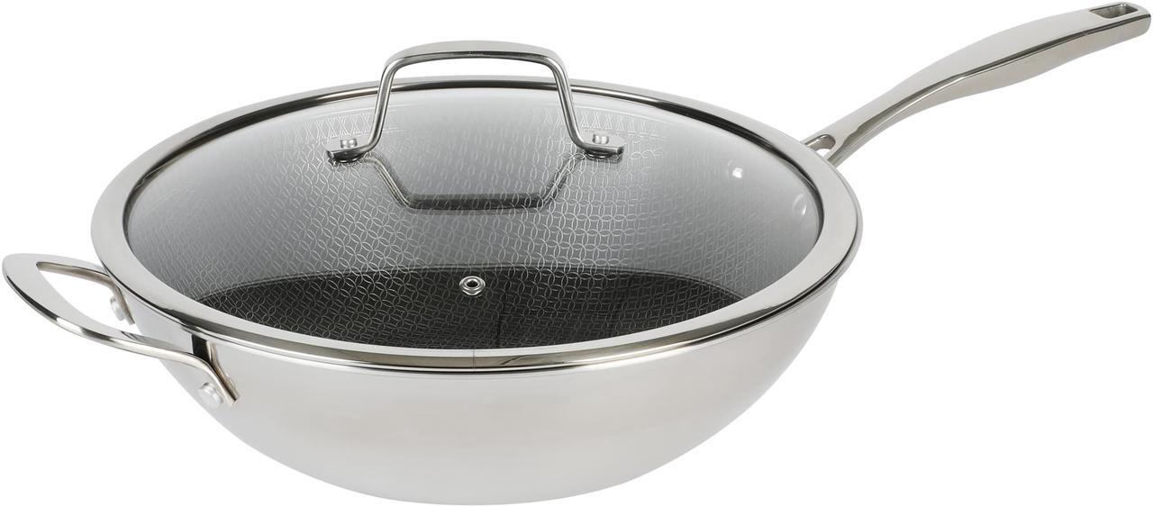 Main image of Kenmore Luke 12 Inch Non-Stick Tri-Ply Stainless Steel Wok with Glass Lid