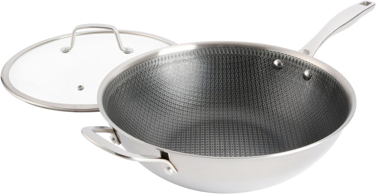 Alt view image 5 of 8 - Kenmore Luke 12 Inch Non-Stick Tri-Ply Stainless Steel Wok with Glass Lid
