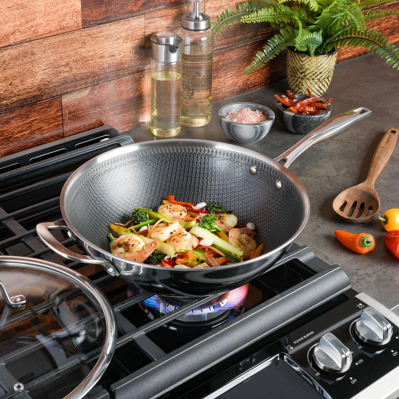 Alt view image 6 of 8 - Kenmore Luke 12 Inch Non-Stick Tri-Ply Stainless Steel Wok with Glass Lid