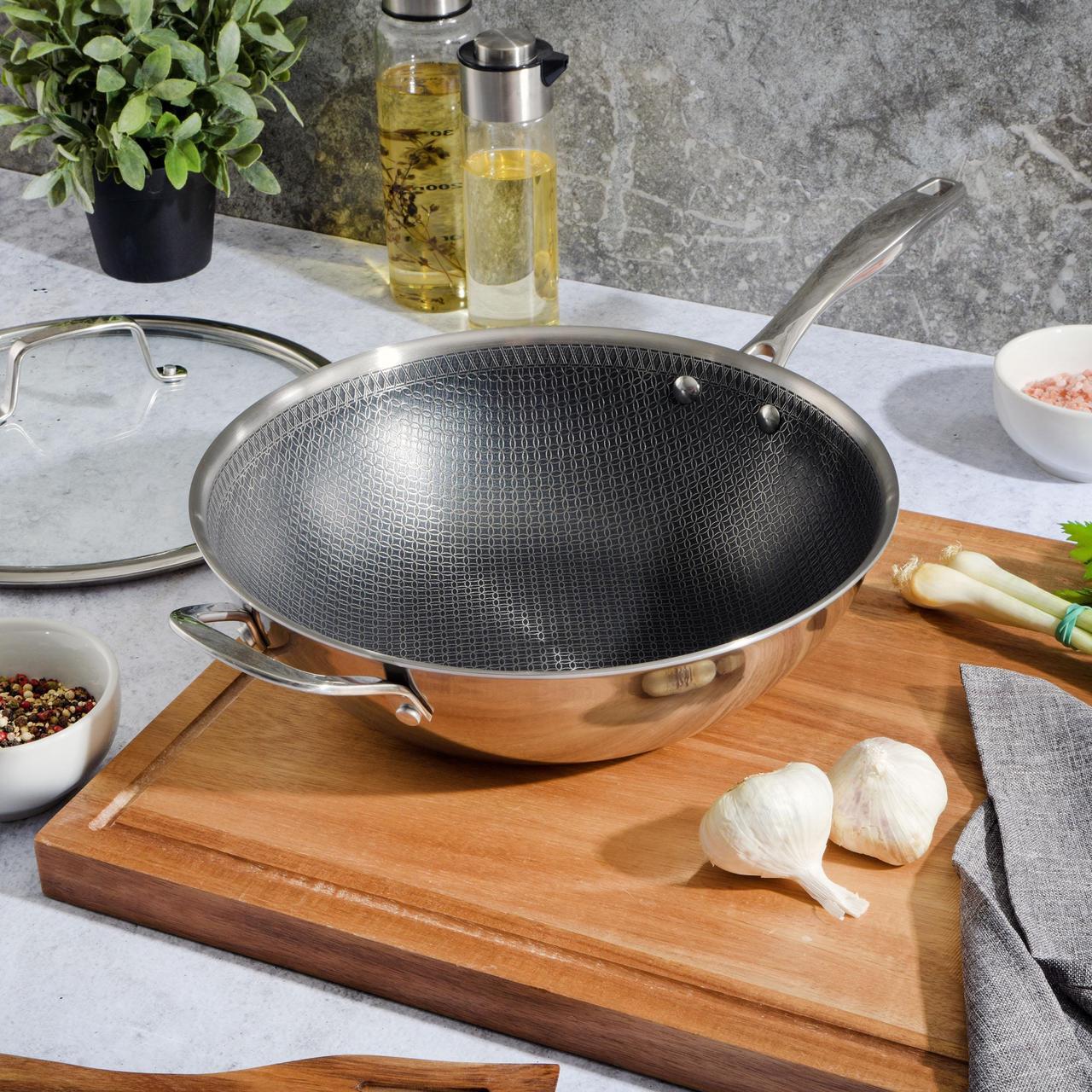 Alt view image 7 of 8 - Kenmore Luke 12 Inch Non-Stick Tri-Ply Stainless Steel Wok with Glass Lid
