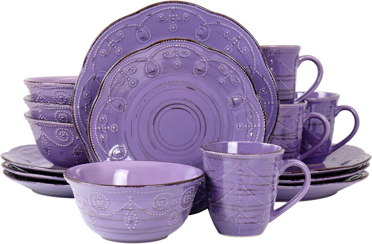 Main image of Elama Rustic Birch 16 Piece Stoneware Dinnerware Set in Purple