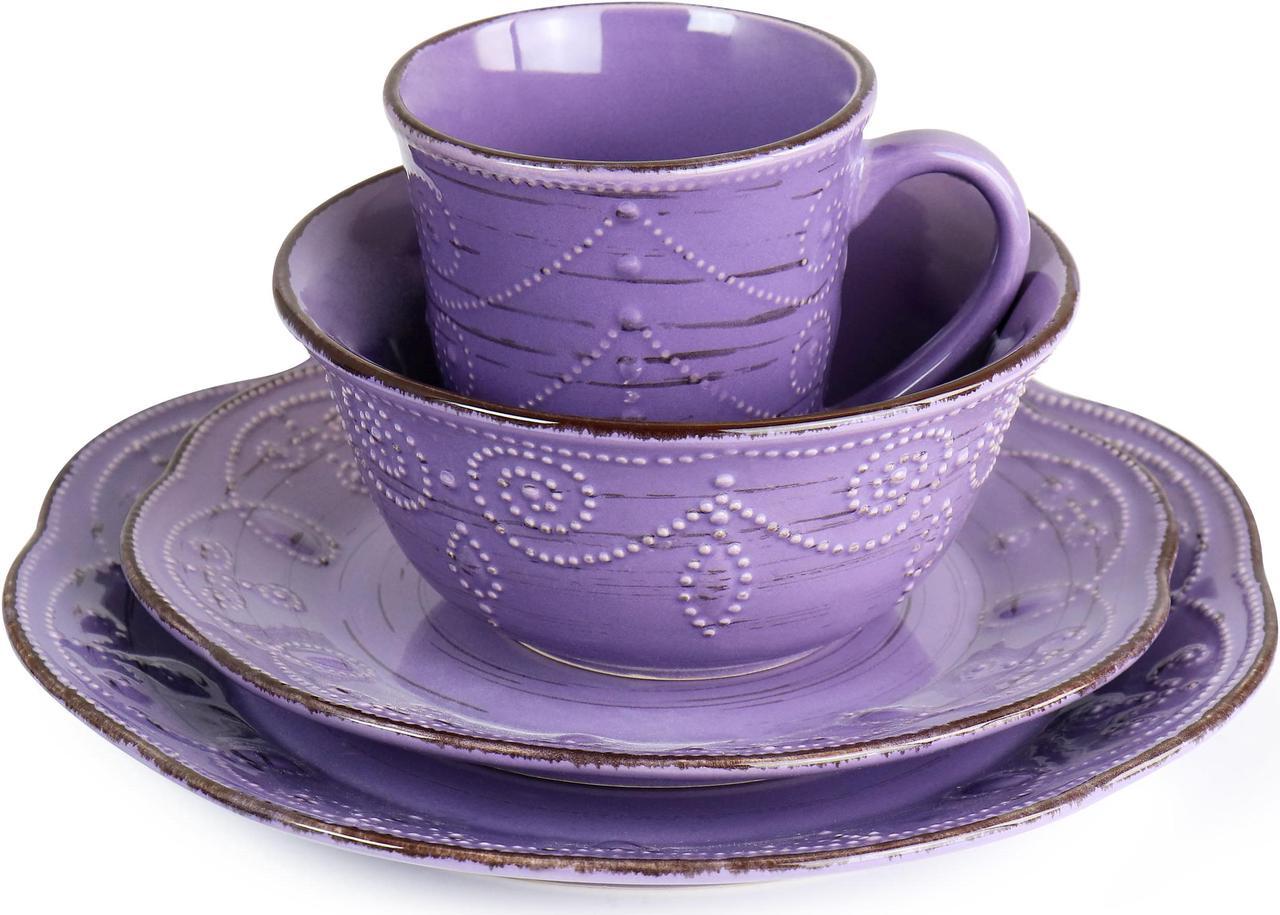 Alt view image 3 of 9 - Elama Rustic Birch 16 Piece Stoneware Dinnerware Set in Purple