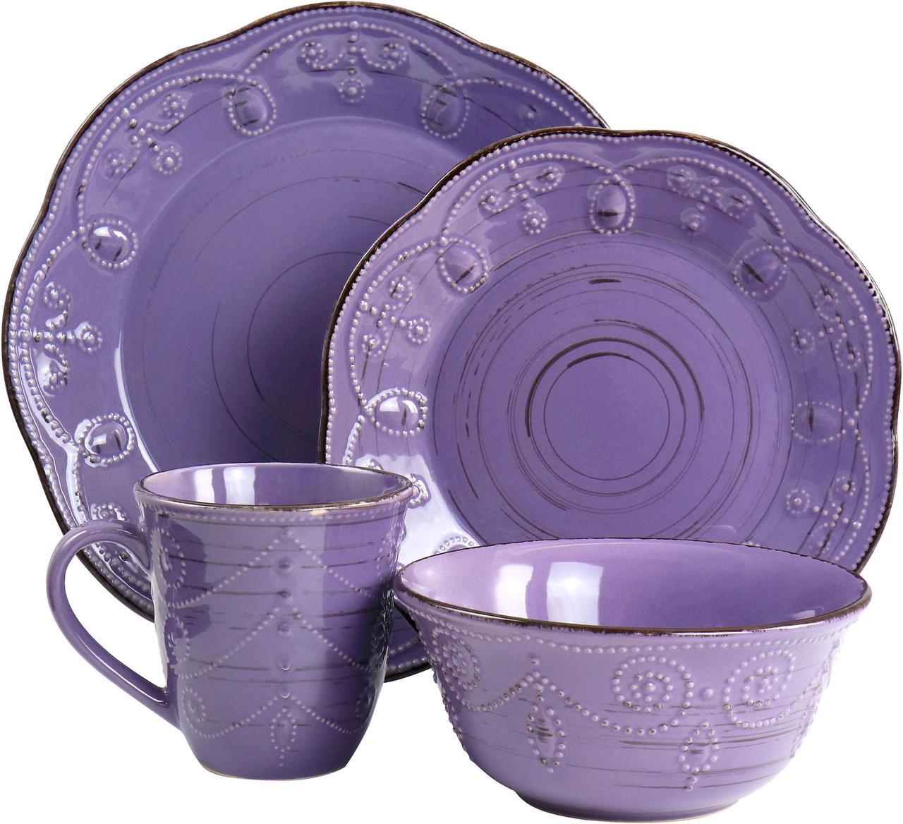 Alt view image 2 of 9 - Elama Rustic Birch 16 Piece Stoneware Dinnerware Set in Purple