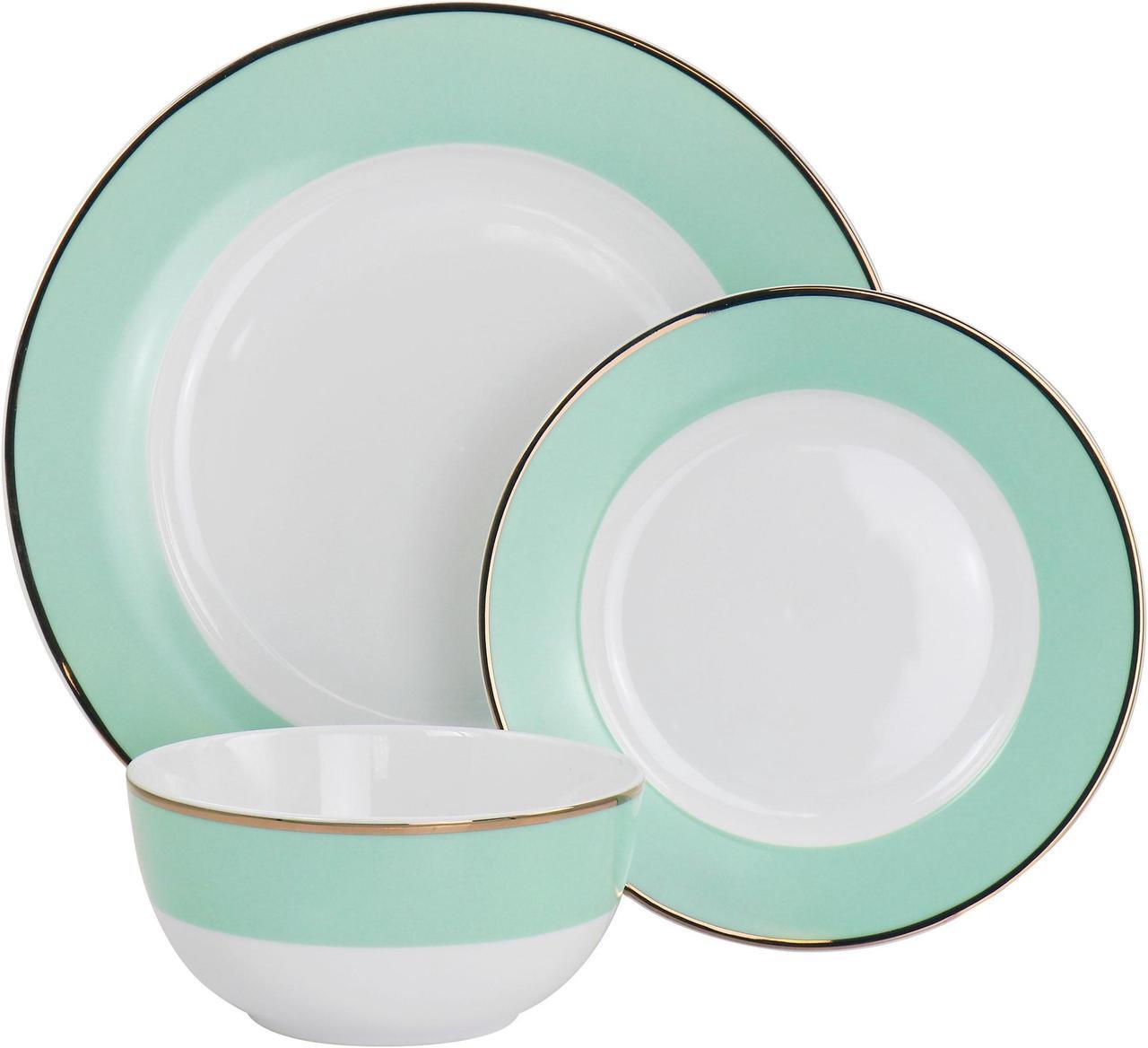 Alt view image 2 of 7 - Martha Stewart Gold Rimmed 12 Piece Fine Ceramic Dinnerware Set in Mint