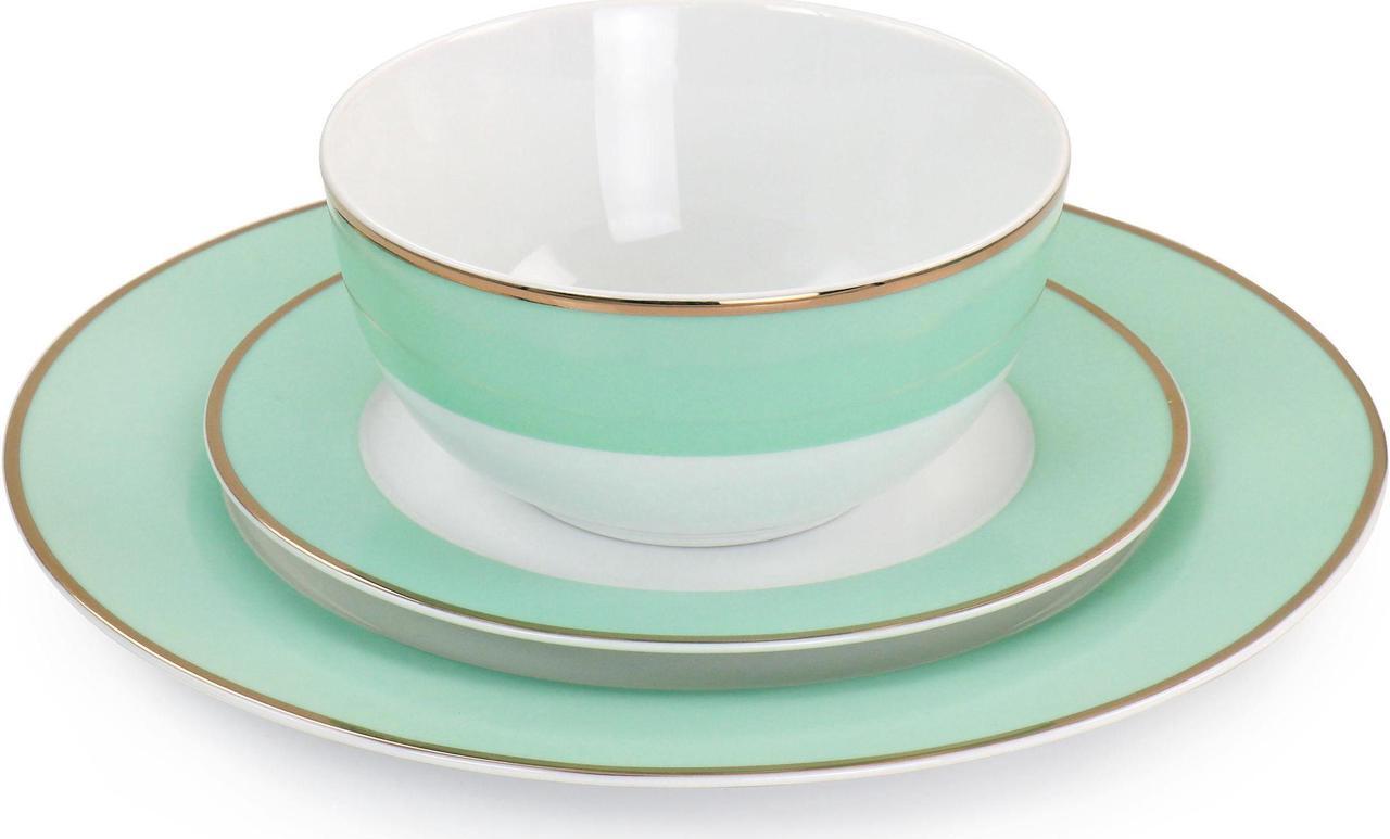 Alt view image 3 of 7 - Martha Stewart Gold Rimmed 12 Piece Fine Ceramic Dinnerware Set in Mint