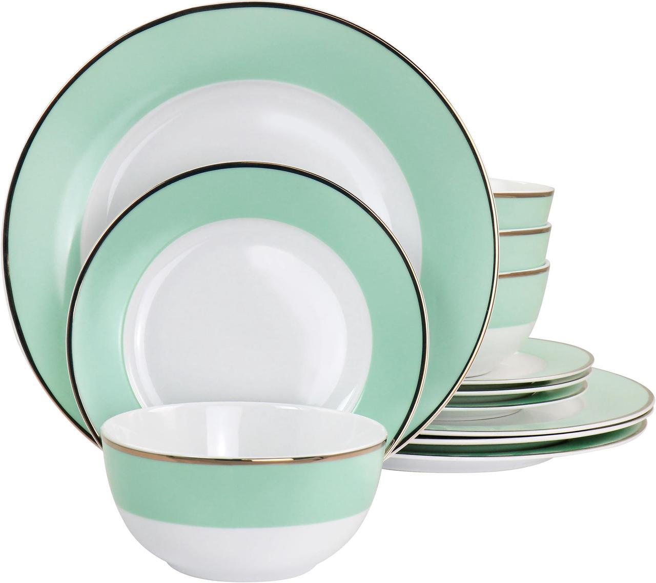 Main image of Martha Stewart Gold Rimmed 12 Piece Fine Ceramic Dinnerware Set in Mint