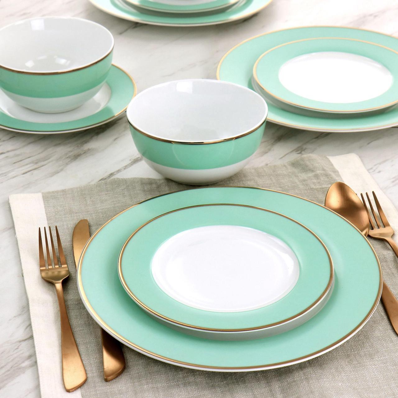 Alt view image 7 of 7 - Martha Stewart Gold Rimmed 12 Piece Fine Ceramic Dinnerware Set in Mint
