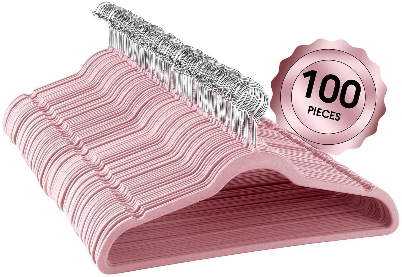 Main image of 100 Piece Set of Velvet Slim Profile Heavy Duty Felt Hangers with Stainless Steel Swivel Hooks in Pink