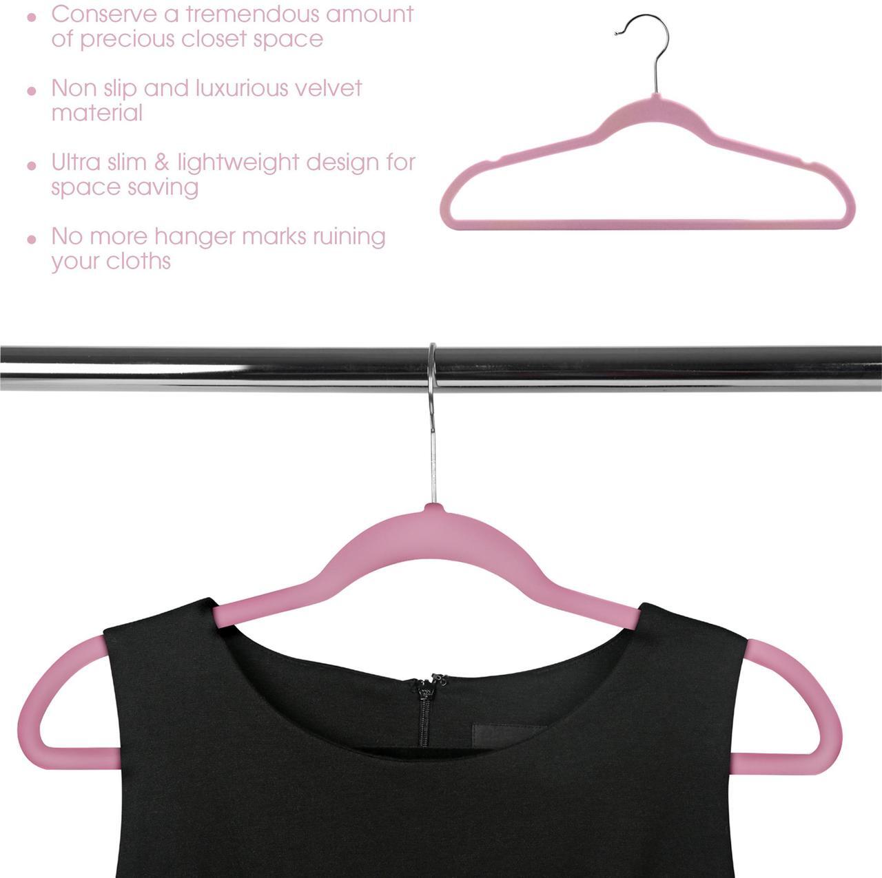 Alt view image 2 of 6 - 100 Piece Set of Velvet Slim Profile Heavy Duty Felt Hangers with Stainless Steel Swivel Hooks in Pink