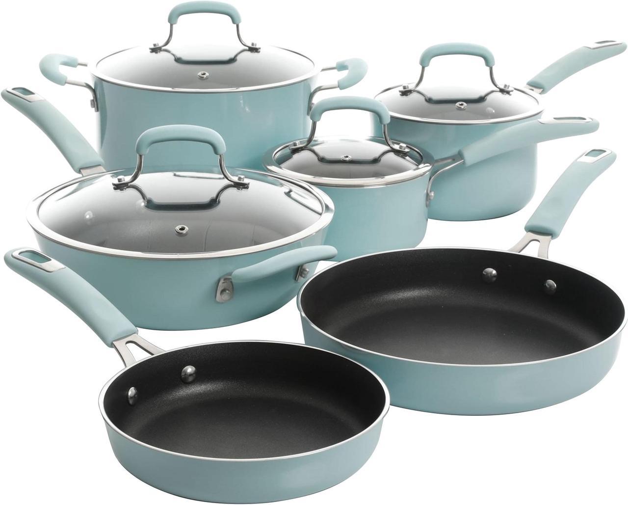 Kenmore Elite Andover 10 Piece Nonstick Aluminum Cookware Set in Glacier Blue