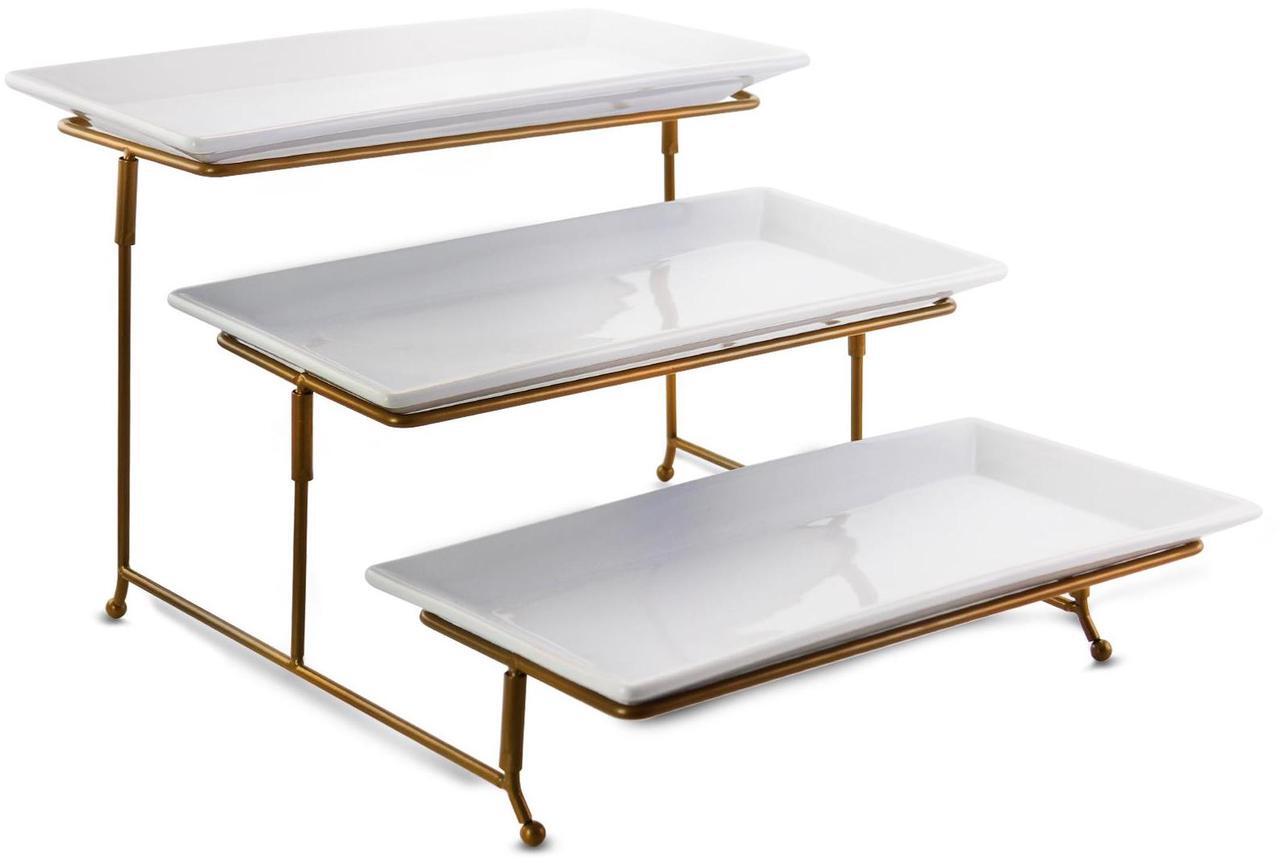 Main image of Gibson Elite Gracious Dining 3 Tiered Rectangle Porcelain Plate Set with Gold Metal Stand