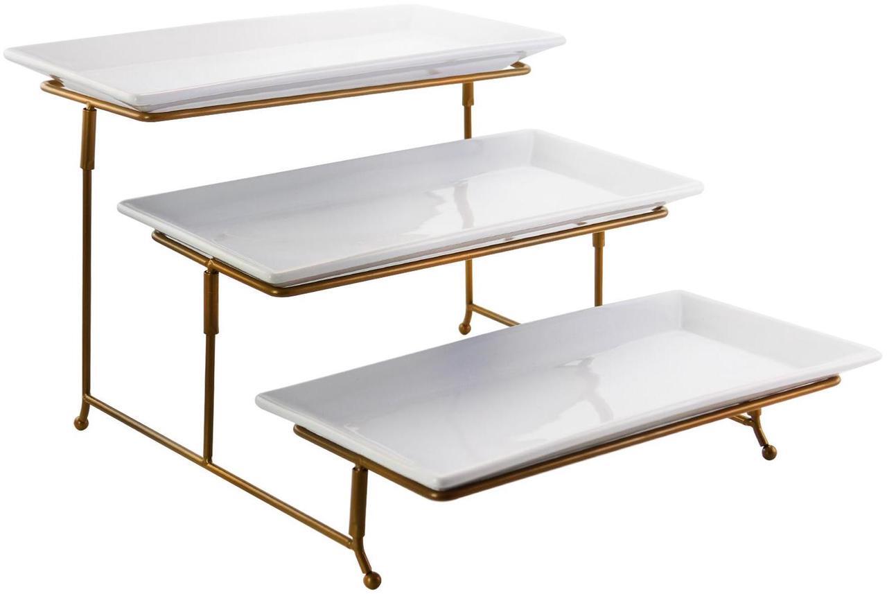 Alt view image 5 of 6 - Gibson Elite Gracious Dining 3 Tiered Rectangle Porcelain Plate Set with Gold Metal Stand