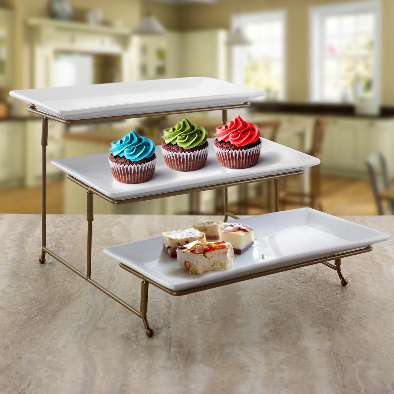 Alt view image 4 of 6 - Gibson Elite Gracious Dining 3 Tiered Rectangle Porcelain Plate Set with Gold Metal Stand