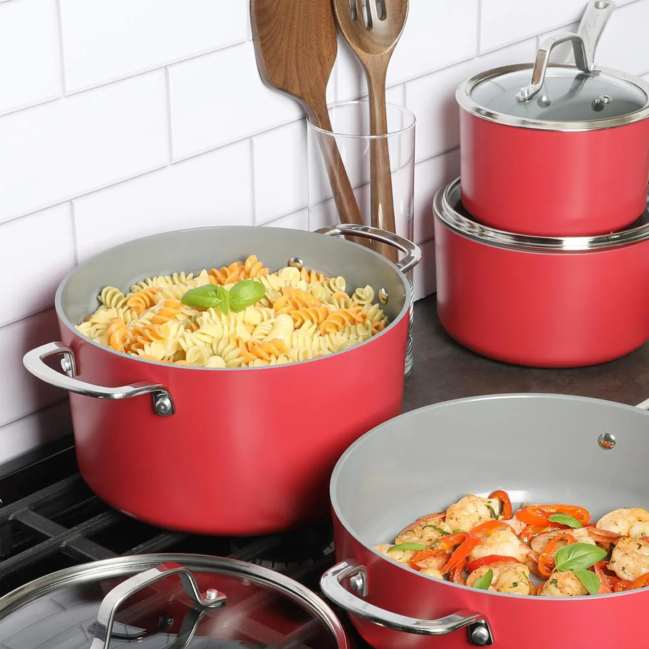 Alt view image 4 of 6 - Sur La Table Angelie 10 Piece Nonstick Ceramic Enameled Aluminum Cookware Set in Matte Brick