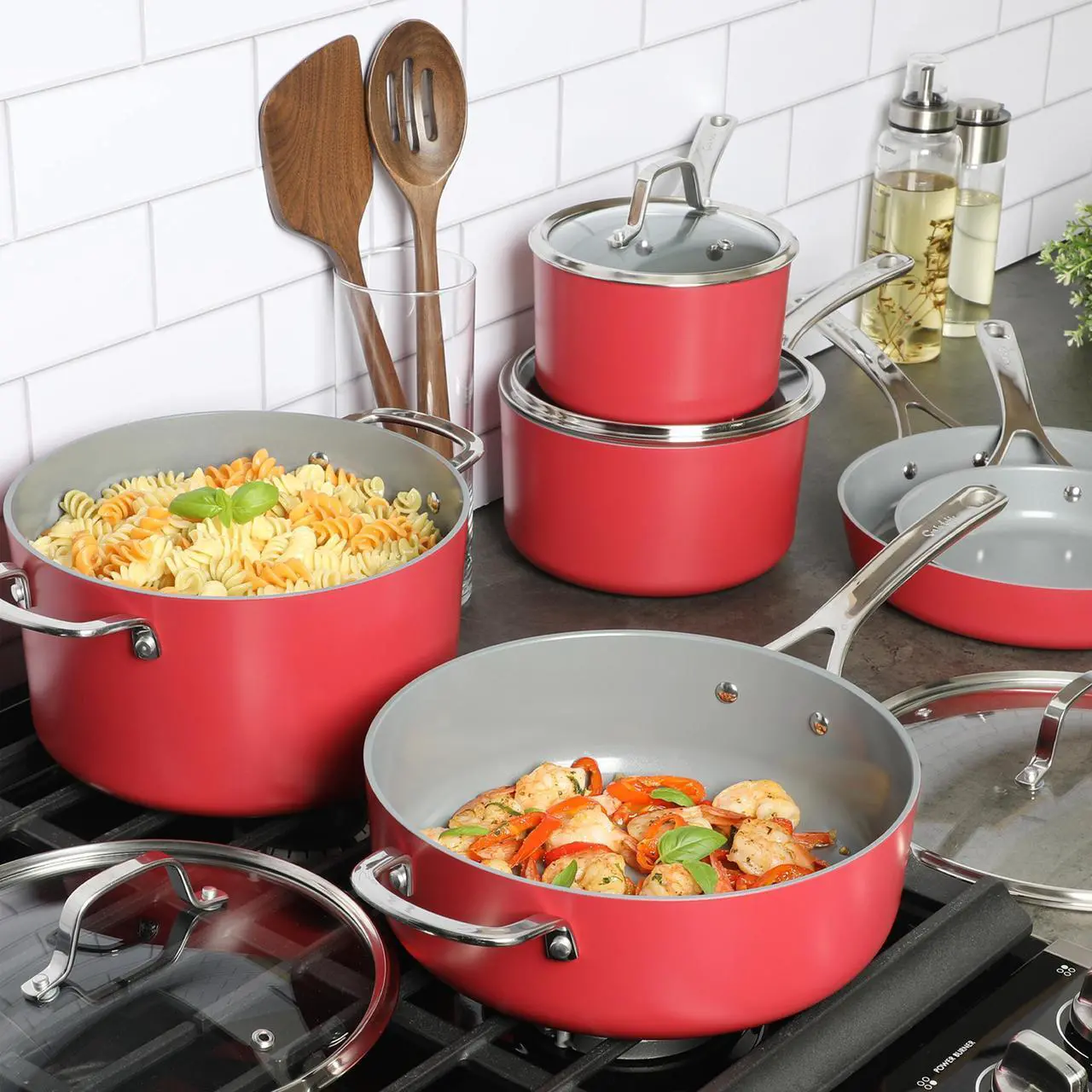 Alt view image 6 of 6 - Sur La Table Angelie 10 Piece Nonstick Ceramic Enameled Aluminum Cookware Set in Matte Brick