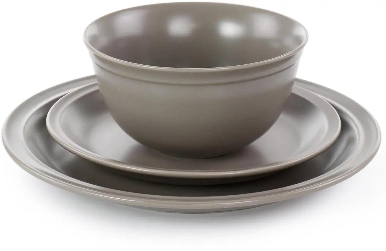 Alt view image 2 of 7 - Gibson Home Siam 12 Piece Round Stoneware Dinnerware Set in Warm Grey