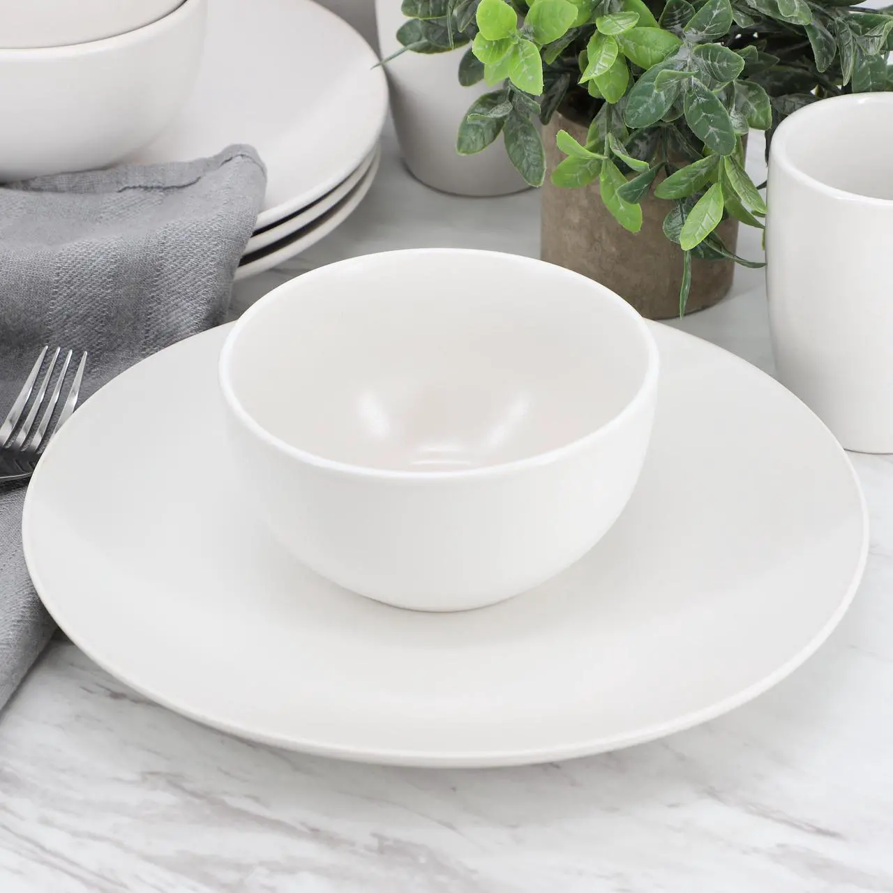 Alt view image 6 of 6 - Gibson Home Everyday Plus 12 Piece Round Stoneware Dinnerware Set in White
