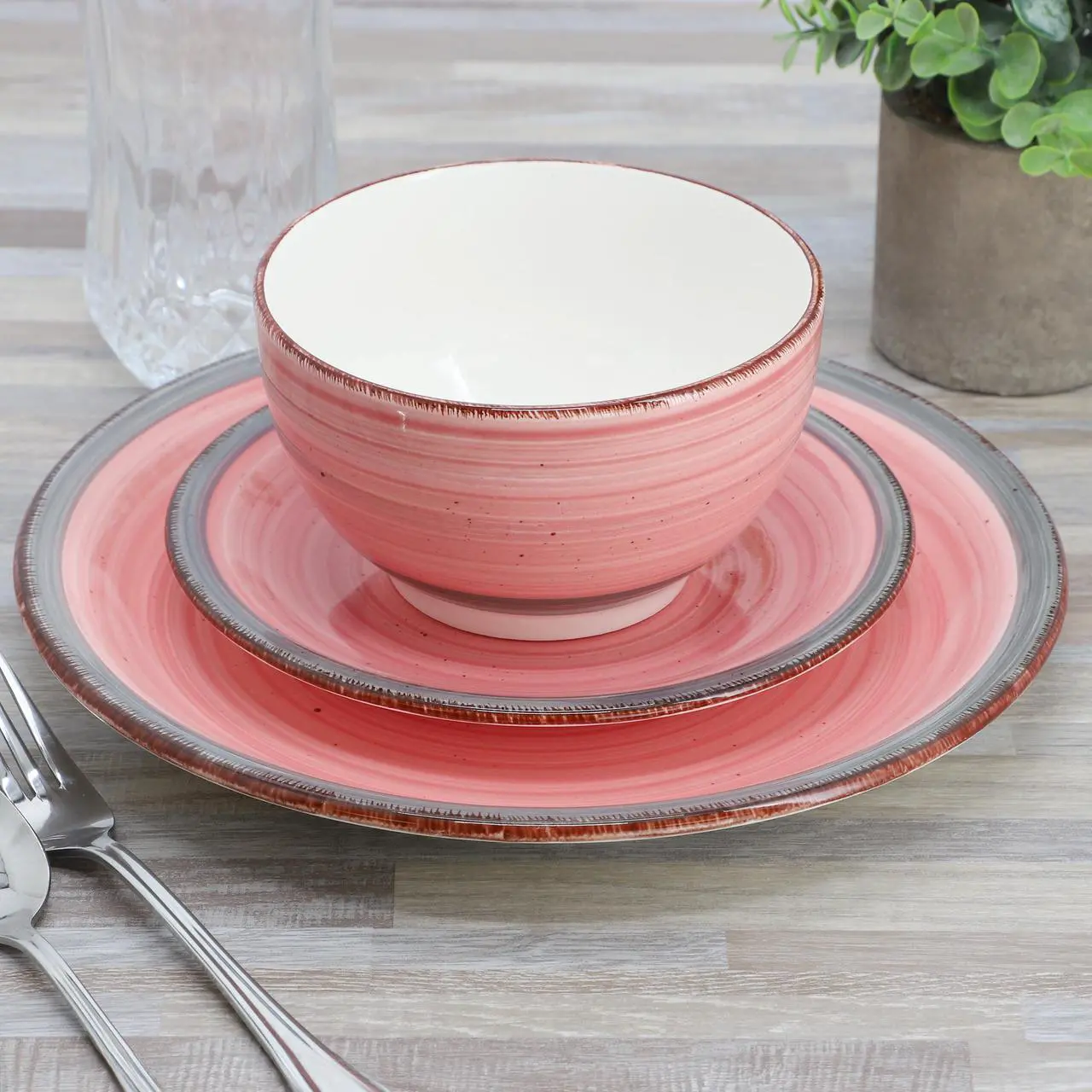 Alt view image 7 of 7 - Gibson Home Holcomb 12 Piece Ceramic Dinnerware Set in Pink