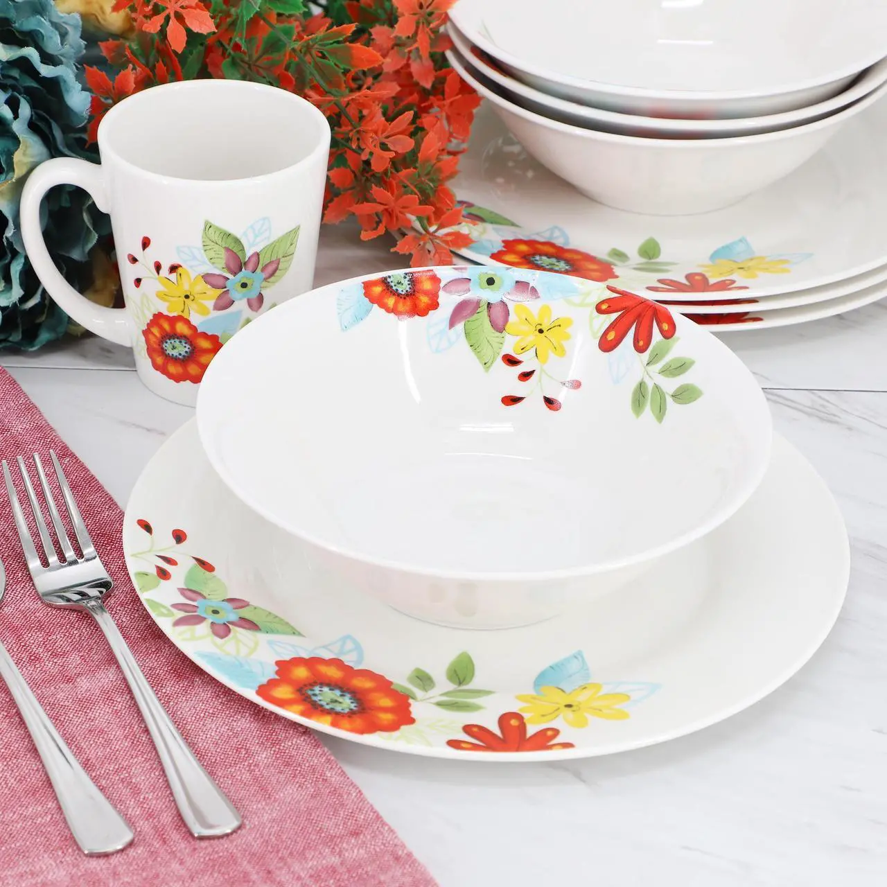 Alt view image 6 of 6 - Gibson Home Color Floral 12 Piece Fine Ceramic Dinnerware Set in Multi