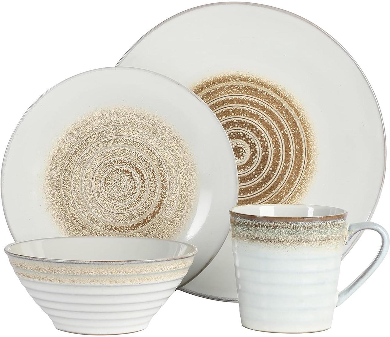 Alt view image 2 of 7 - Gibson Elite Spiral Embossed 16 Piece Stoneware Dinnerware Set in Taupe