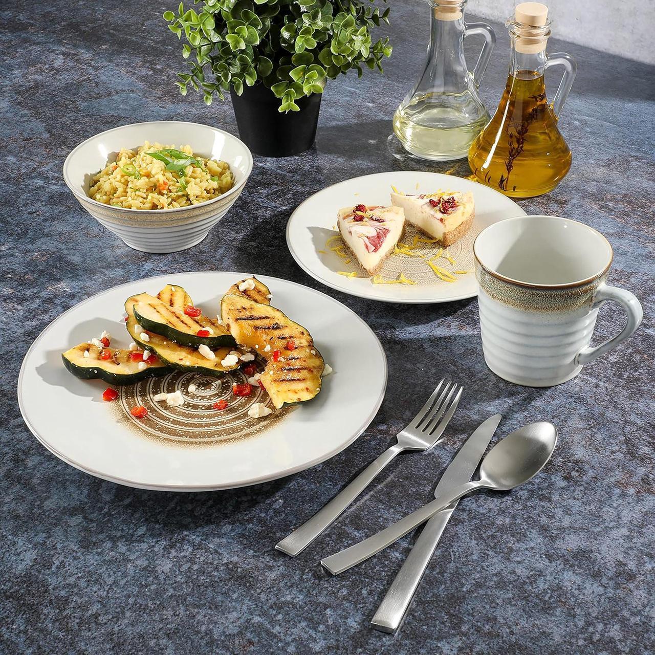 Alt view image 7 of 7 - Gibson Elite Spiral Embossed 16 Piece Stoneware Dinnerware Set in Taupe
