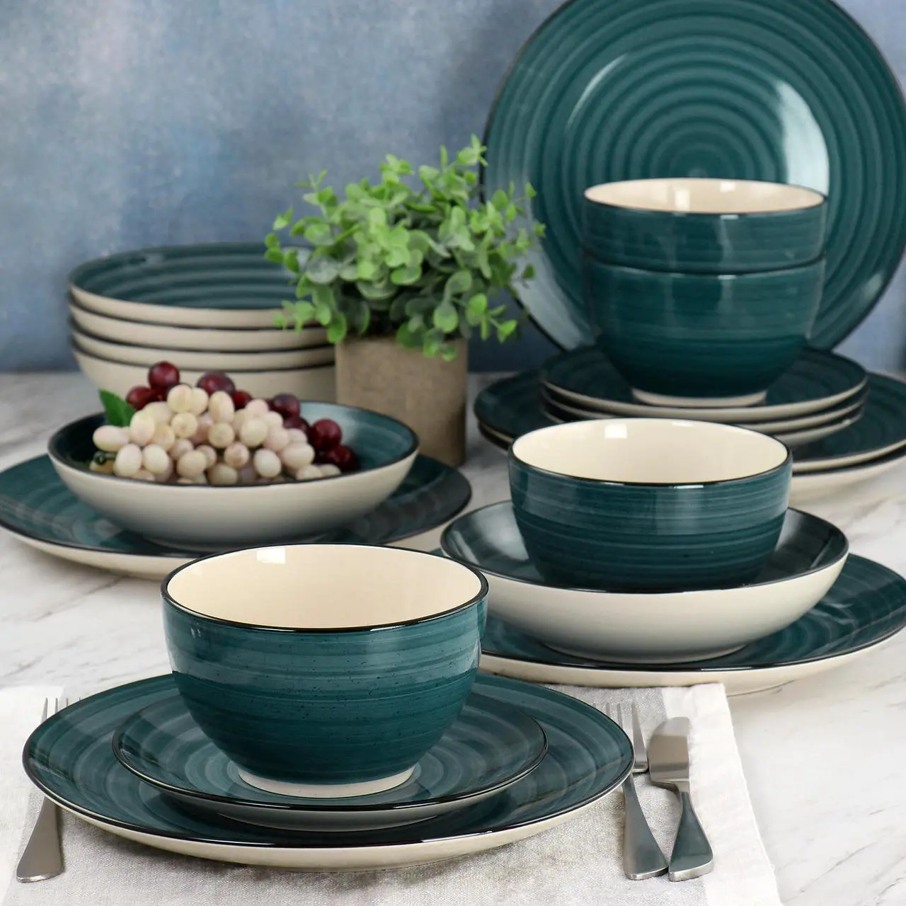 Alt view image 7 of 7 - Elama Gia 24 Piece Round Stoneware Dinnerware Set in Dark Green