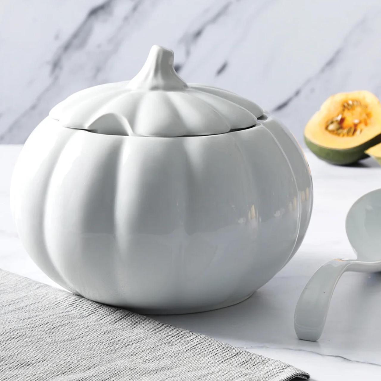 Alt view image 6 of 7 - Martha Stewart 5 Quart Fine Ceramic Pumpkin Soup Tureen With Lid and Ladle in White