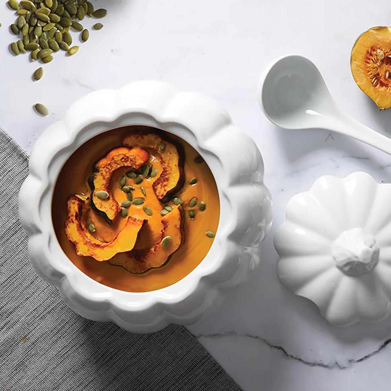 Alt view image 7 of 7 - Martha Stewart 5 Quart Fine Ceramic Pumpkin Soup Tureen With Lid and Ladle in White