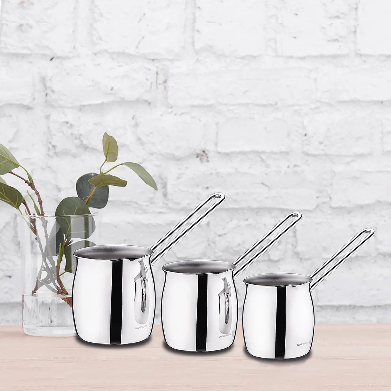Alt view image 3 of 3 - Korkmaz Tombik 3 Piece Stainless Steel Turkish Coffee Pot Set in Silver