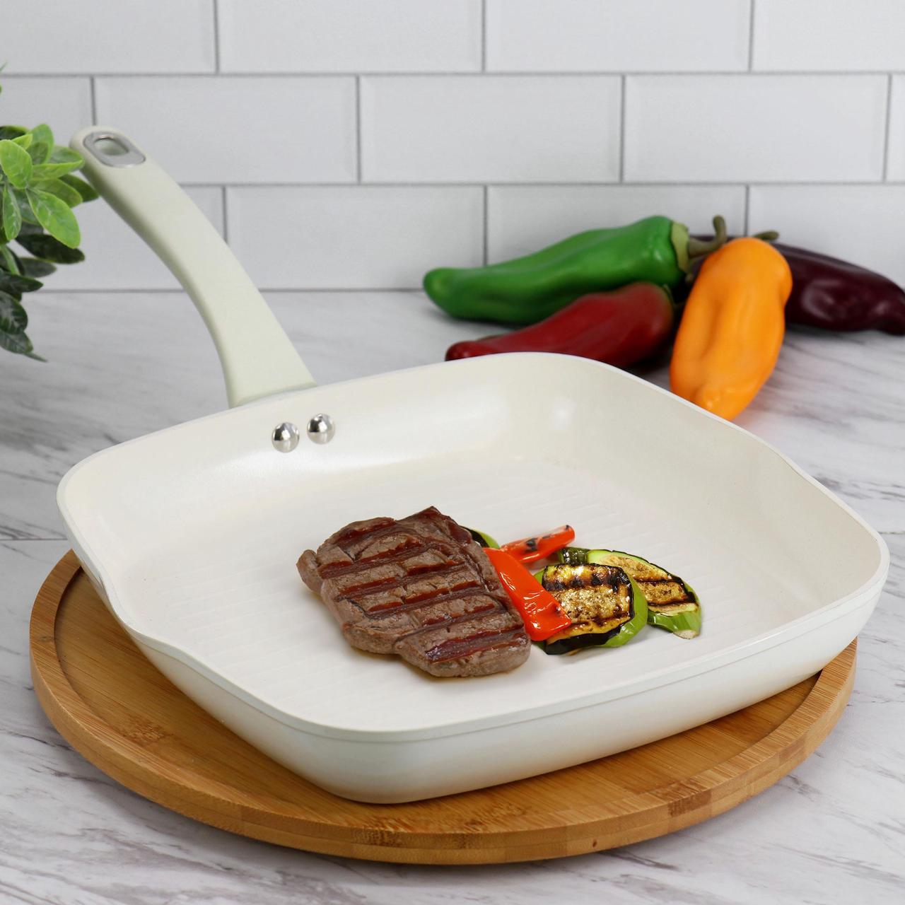 Alt view image 5 of 5 - Martha Stewart Everyday Rexford 10 Inch Ceramic Nonstick Aluminum Square Grill Pan in Linen