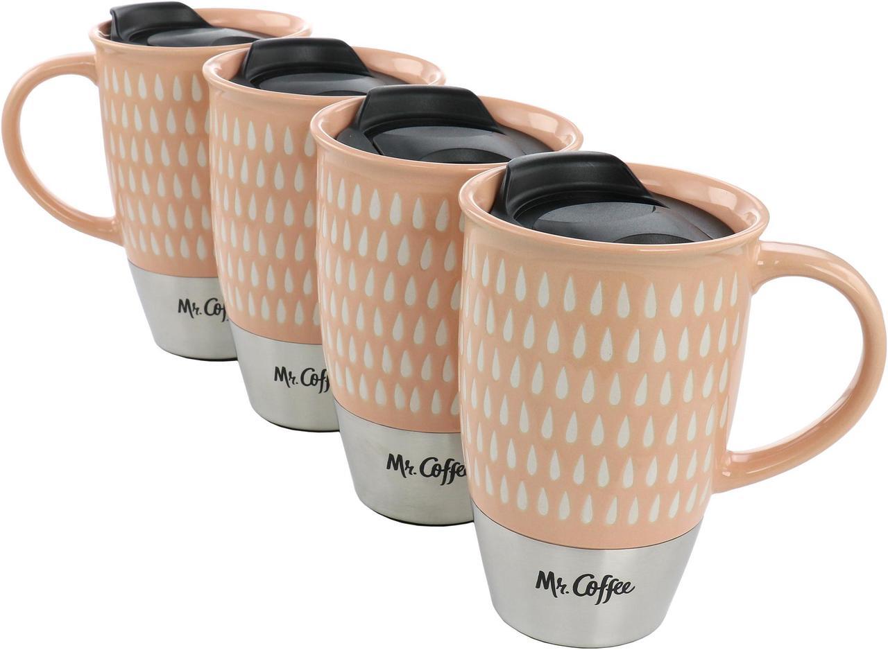 Main image of Mr. Coffee Coupleton Teardrop 4 Piece 15 Ounce Stoneware and Stainless Steel Travel Mug Set with Lid in Peach