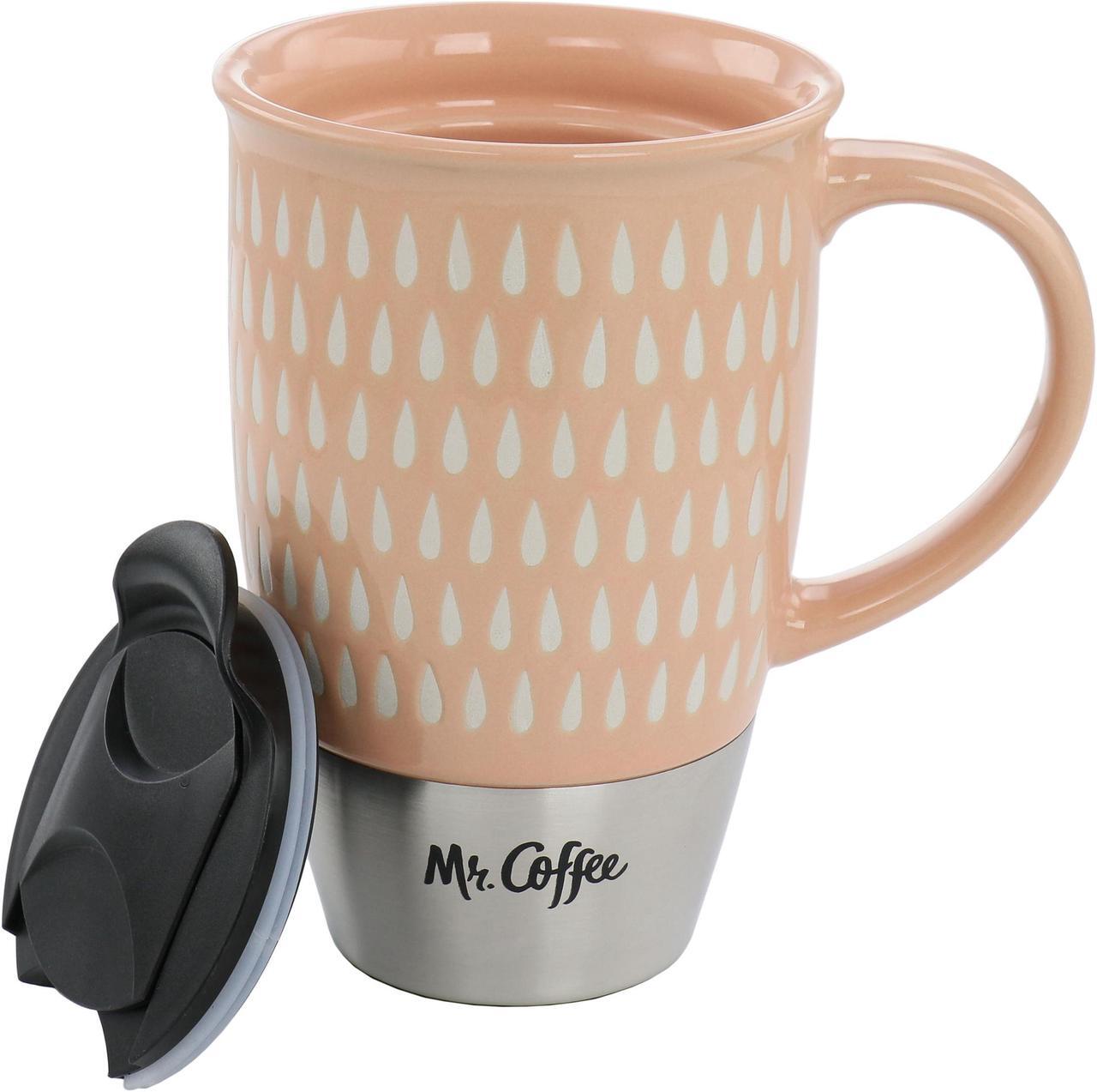 Alt view image 2 of 6 - Mr. Coffee Coupleton Teardrop 4 Piece 15 Ounce Stoneware and Stainless Steel Travel Mug Set with Lid in Peach