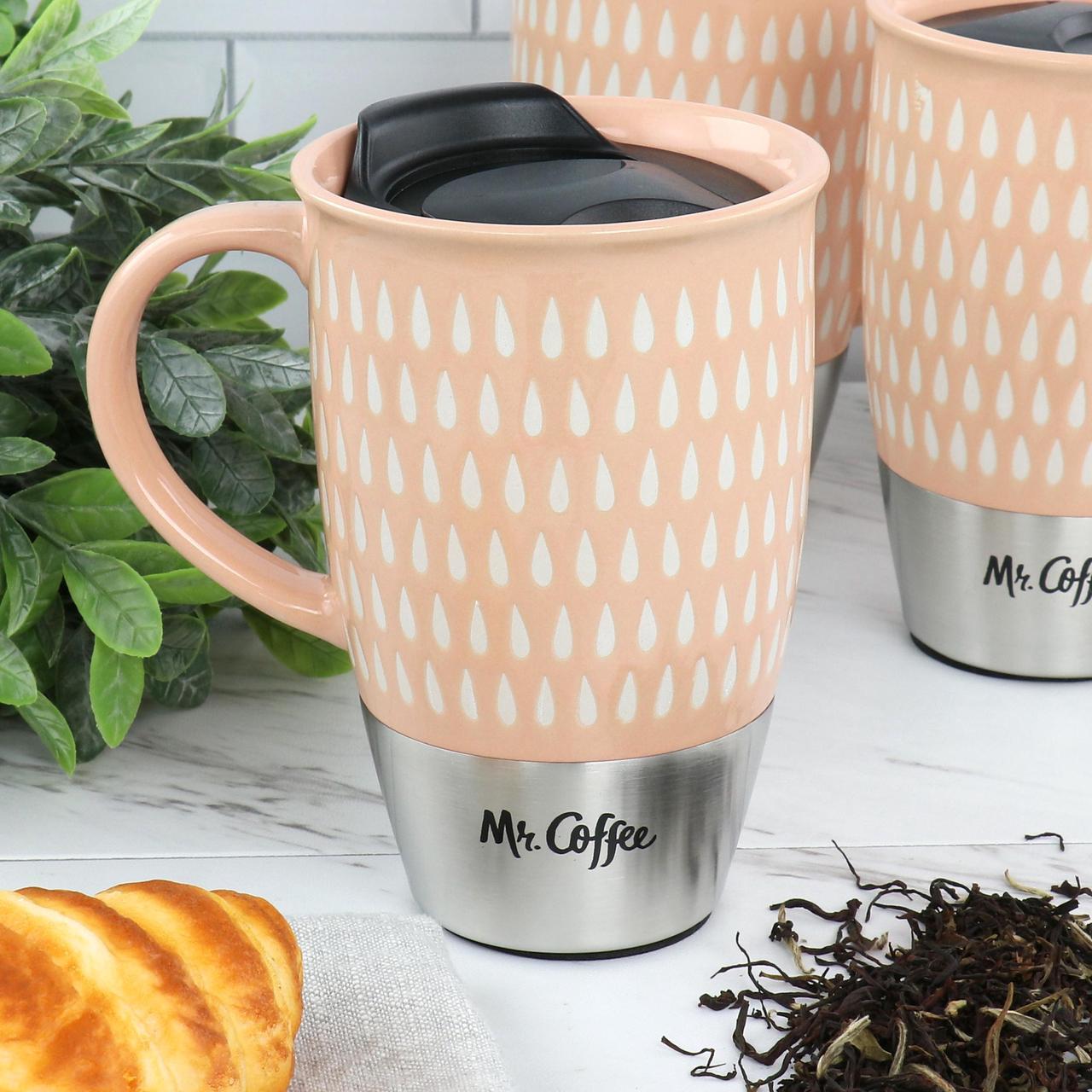 Alt view image 5 of 6 - Mr. Coffee Coupleton Teardrop 4 Piece 15 Ounce Stoneware and Stainless Steel Travel Mug Set with Lid in Peach