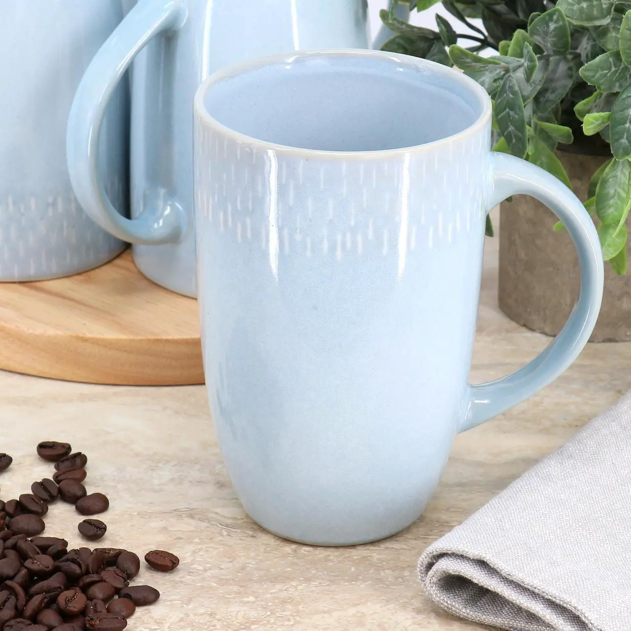 Alt view image 5 of 5 - Gibson Meritage Jasper 6 Piece 22 Ounce Stoneware Tall Latte Cup Set in Ski Blue