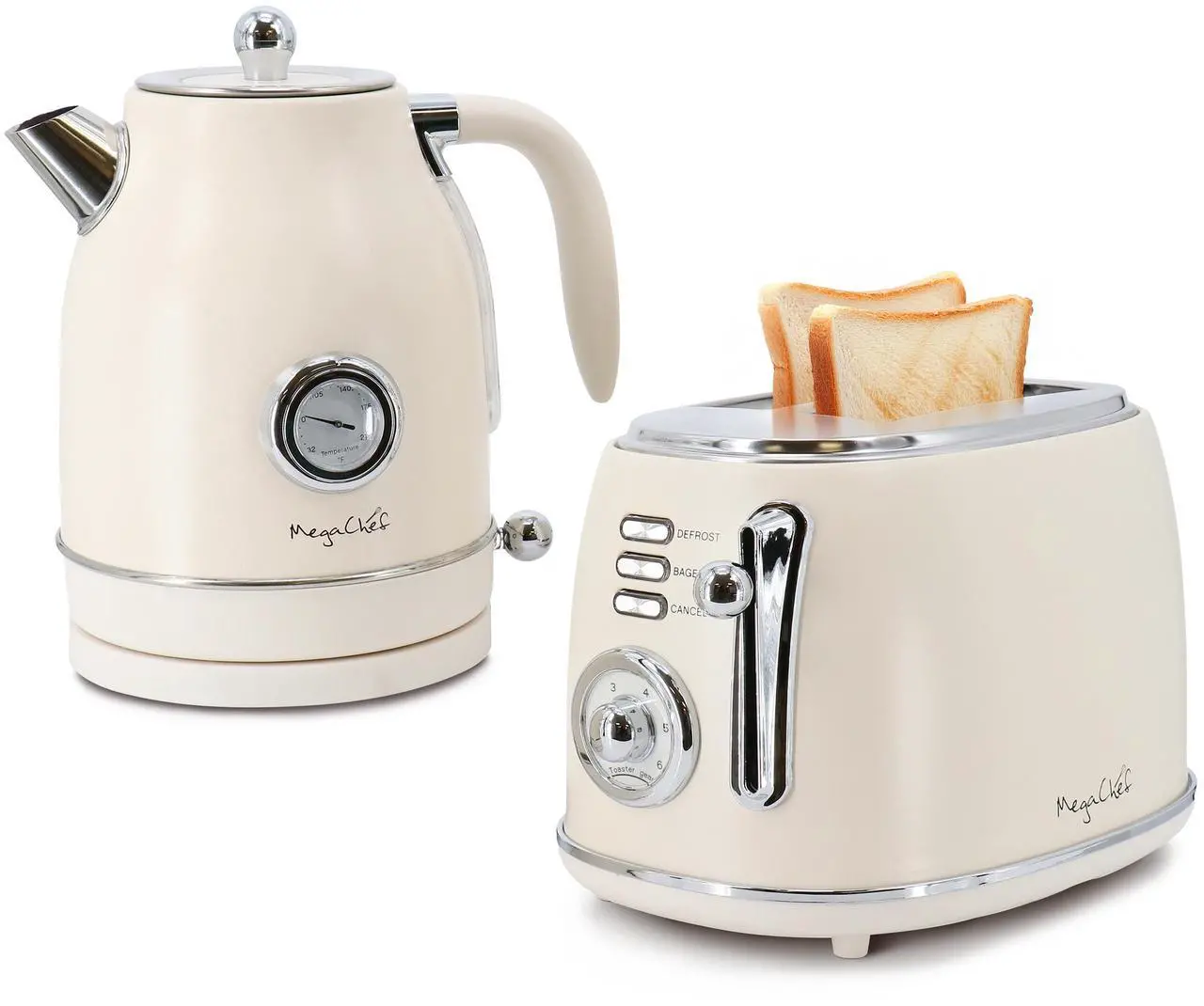 Main image of MegaChef 1.7 Liter Electric Tea Kettle and 2 Slice Toaster Combo in Matt Cream