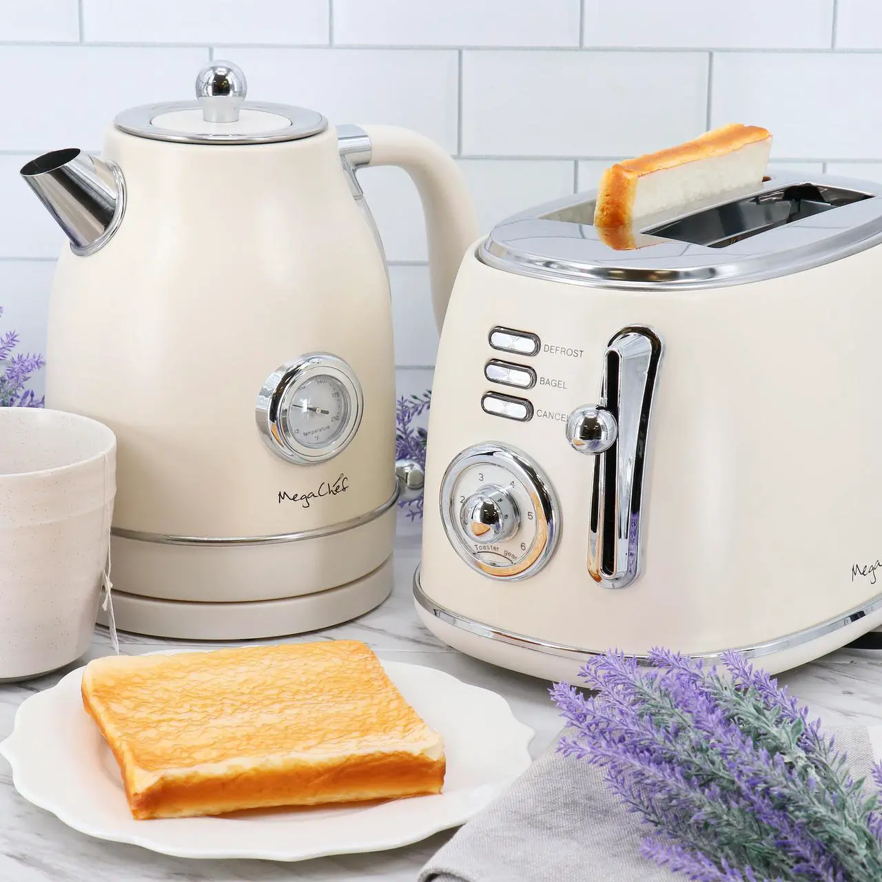 Alt view image 7 of 7 - MegaChef 1.7 Liter Electric Tea Kettle and 2 Slice Toaster Combo in Matt Cream