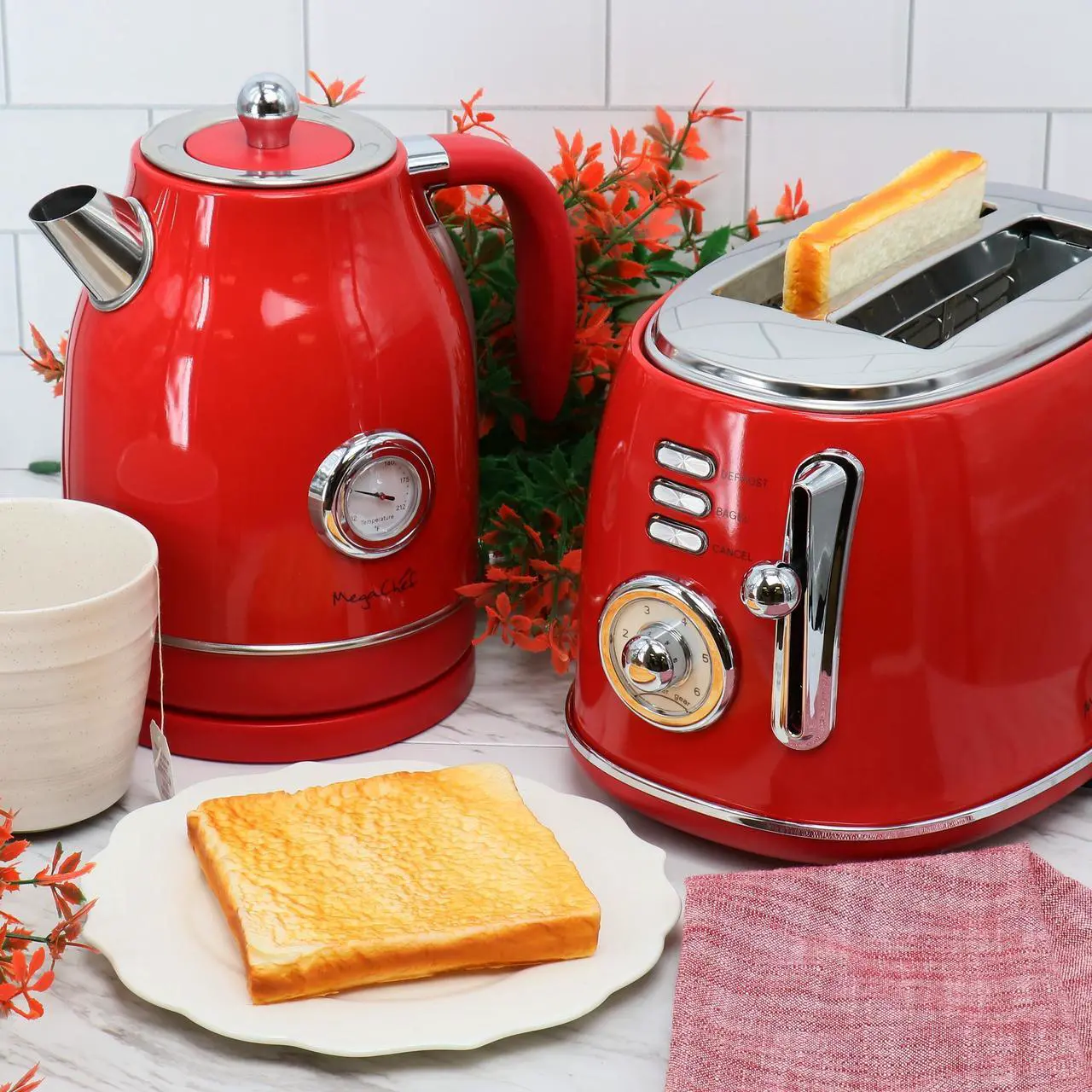 Alt view image 7 of 7 - MegaChef 1.7 Liter Electric Tea Kettle and 2 Slice Toaster Combo in Red