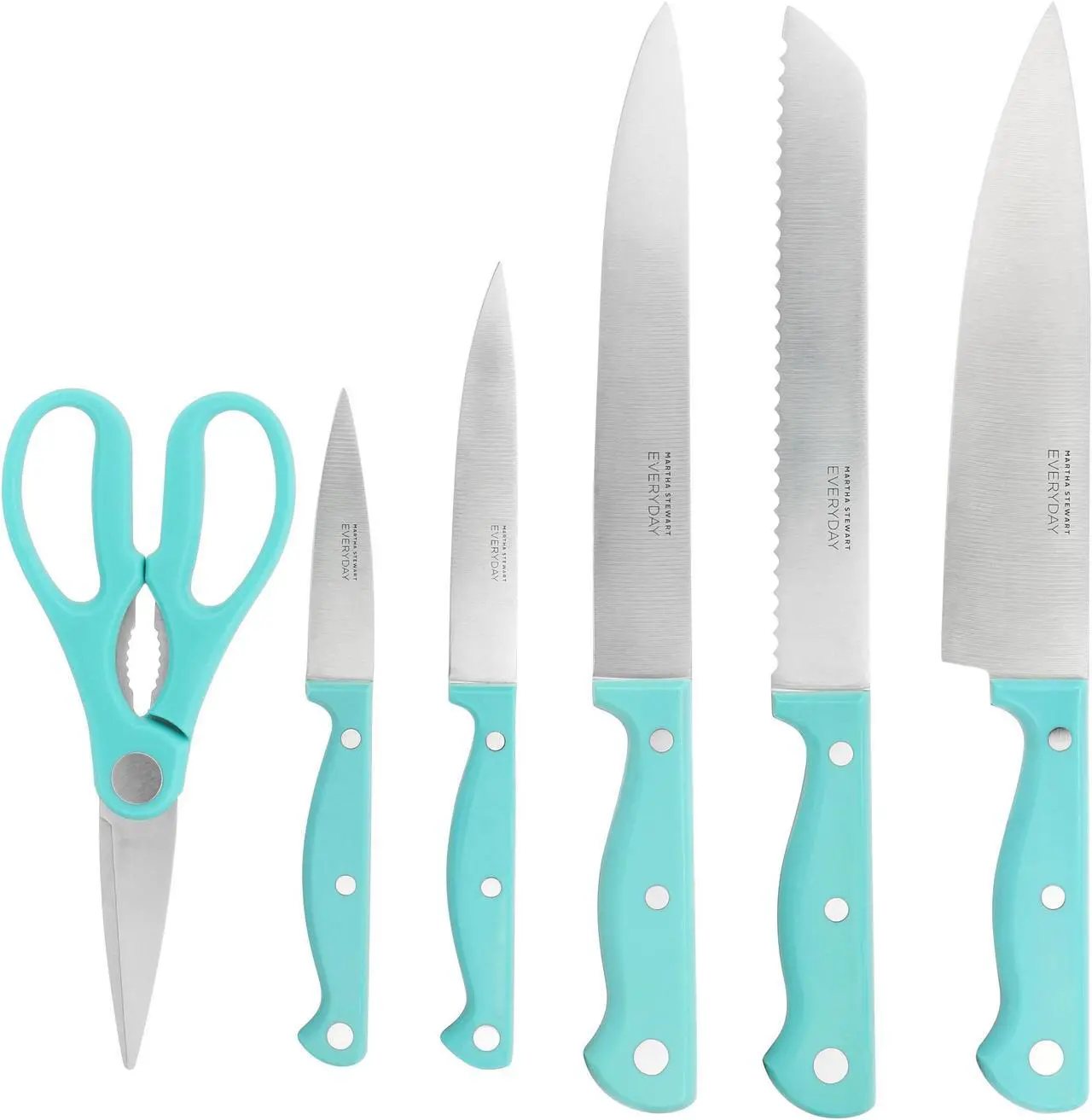 Alt view image 2 of 6 - Martha Stewart Everyday Keswick 7 Piece Stainless Steel Cutlery and Wood Block Set in Teal