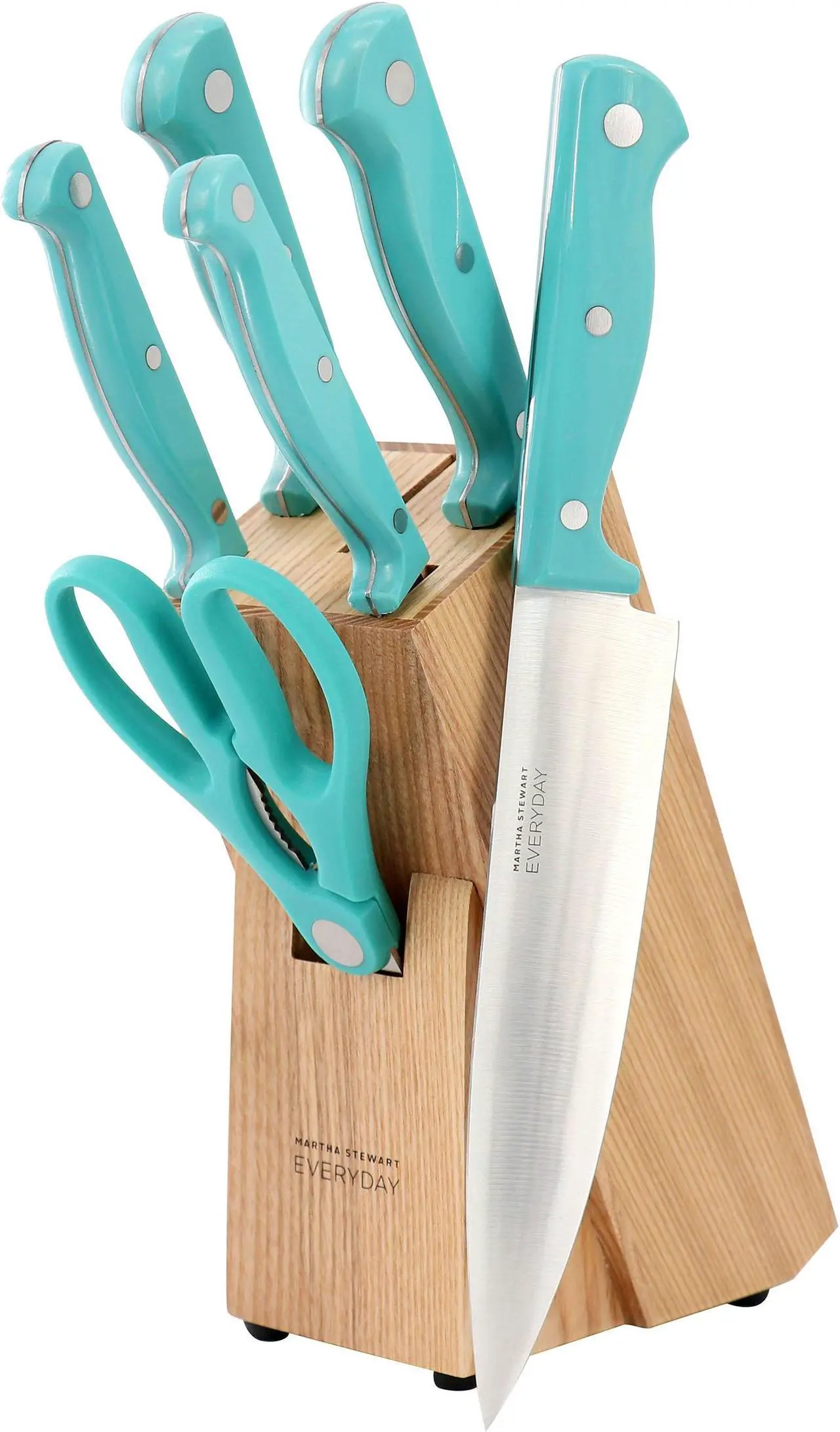 Main image of Martha Stewart Everyday Keswick 7 Piece Stainless Steel Cutlery and Wood Block Set in Teal