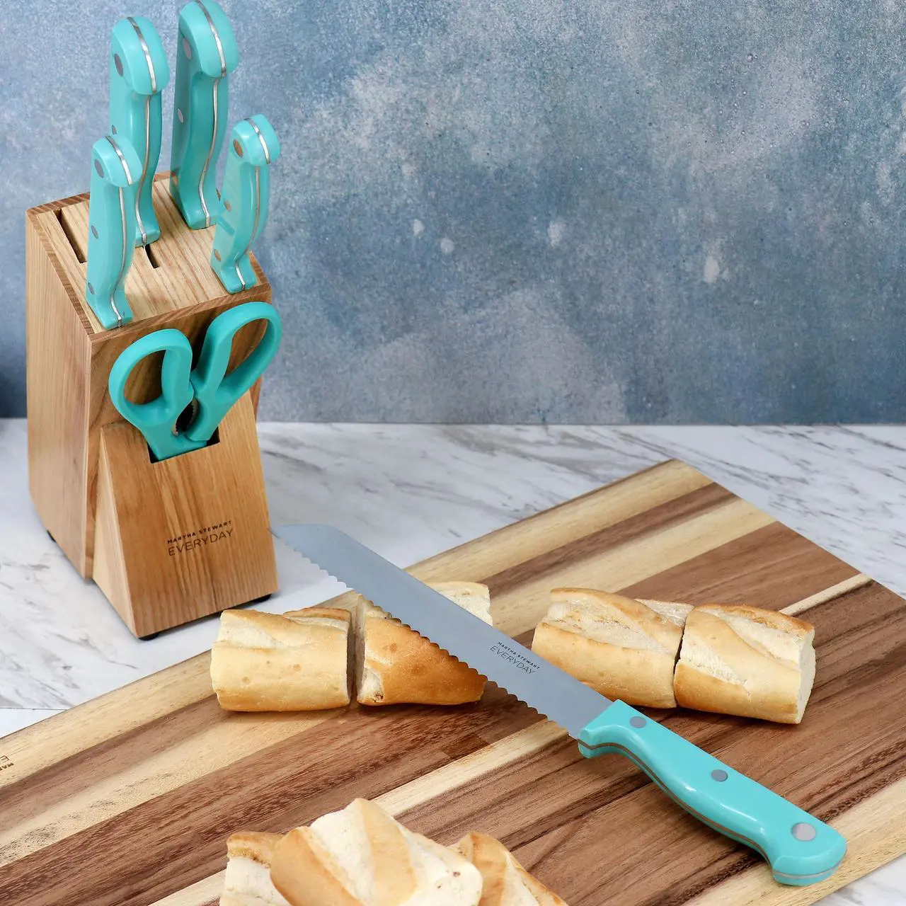 Alt view image 6 of 6 - Martha Stewart Everyday Keswick 7 Piece Stainless Steel Cutlery and Wood Block Set in Teal