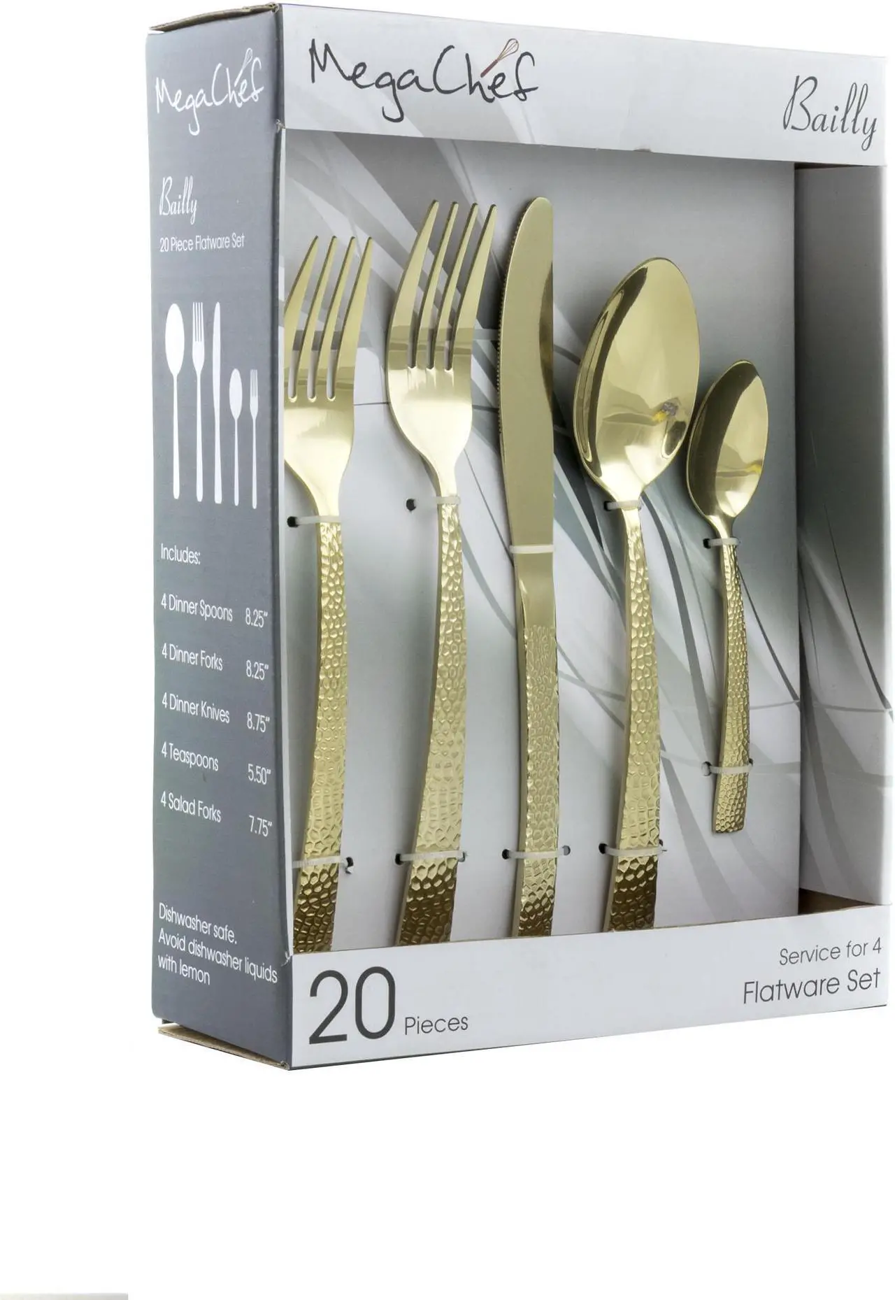 Main image of MegaChef Baily 20 Piece Flatware Utensil Set, Stainless Steel Silverware Metal Service for 4 in Light Gold