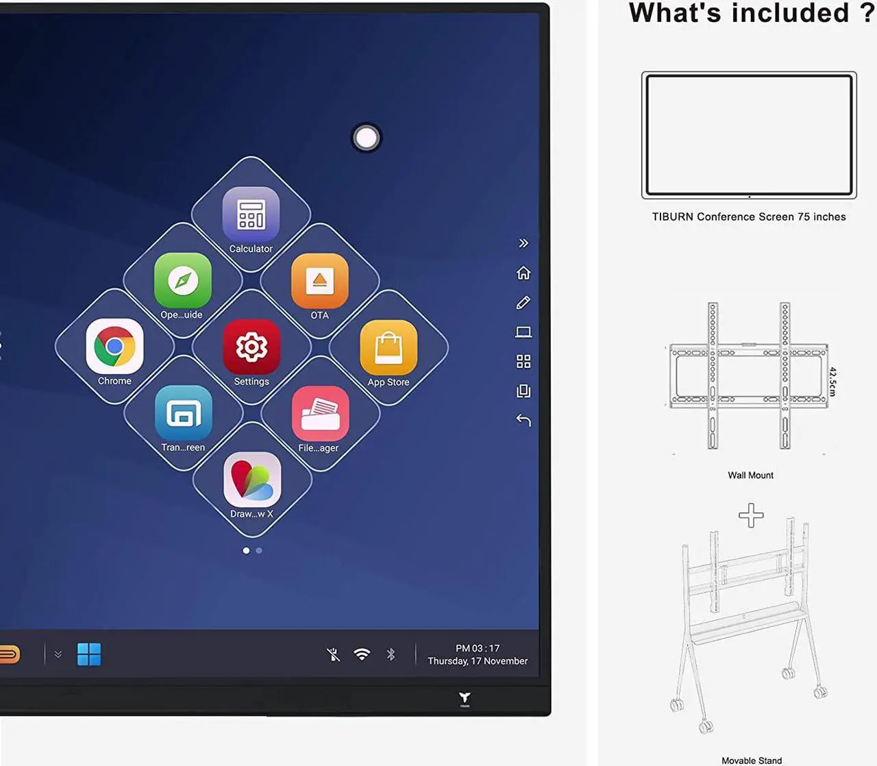 Alt view image 4 of 6 - TIBURN HQ Board 75" R2, 4K UHD Interactive Board, Smart Whiteboard with an 8core CPU & Open App Ecosystem(Smart Board+ Movable Stand +Wall Mounting) for Office and Classroom